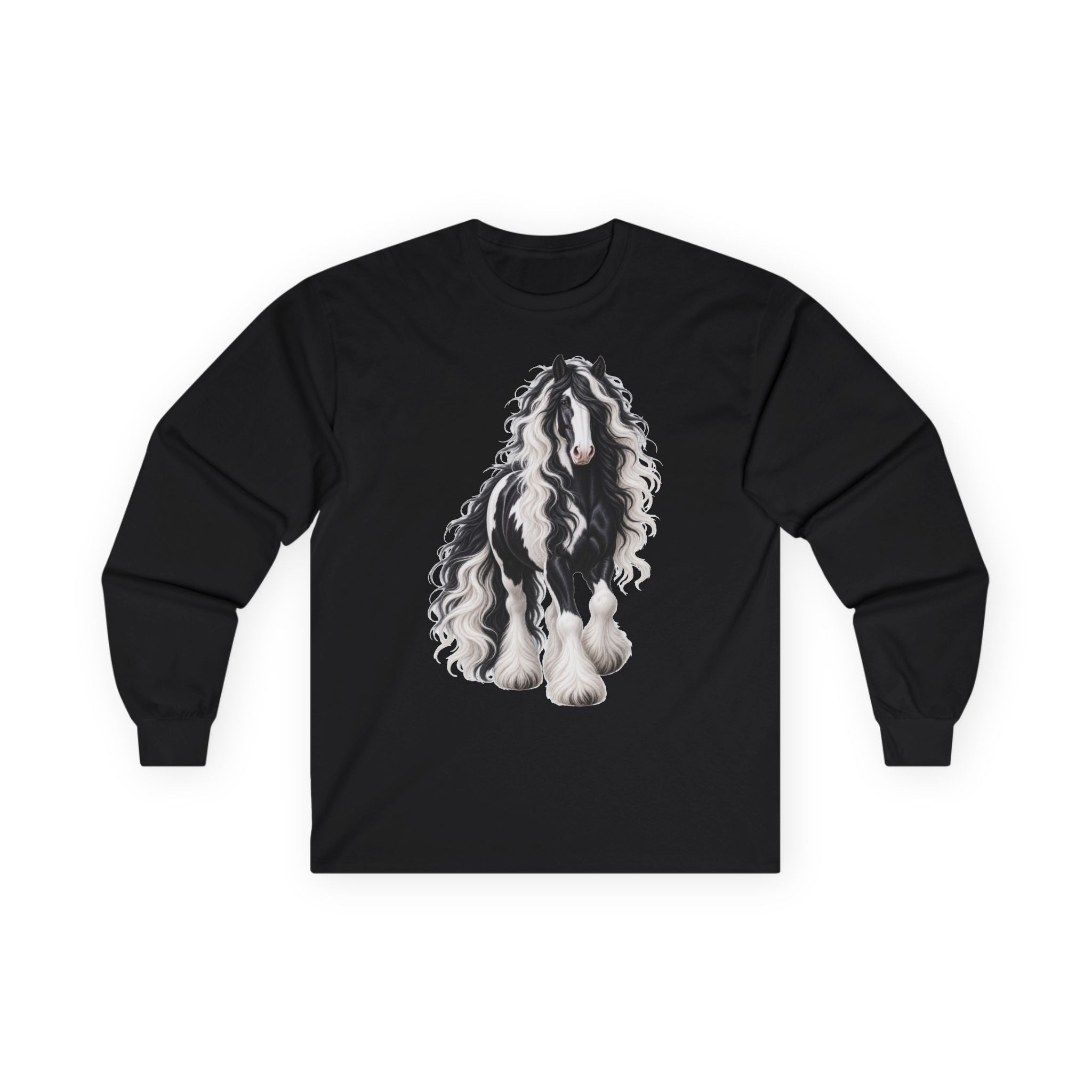 Gypsy Vanner Horse Long Sleeve Tee — Black & White Fluffy Horse Art