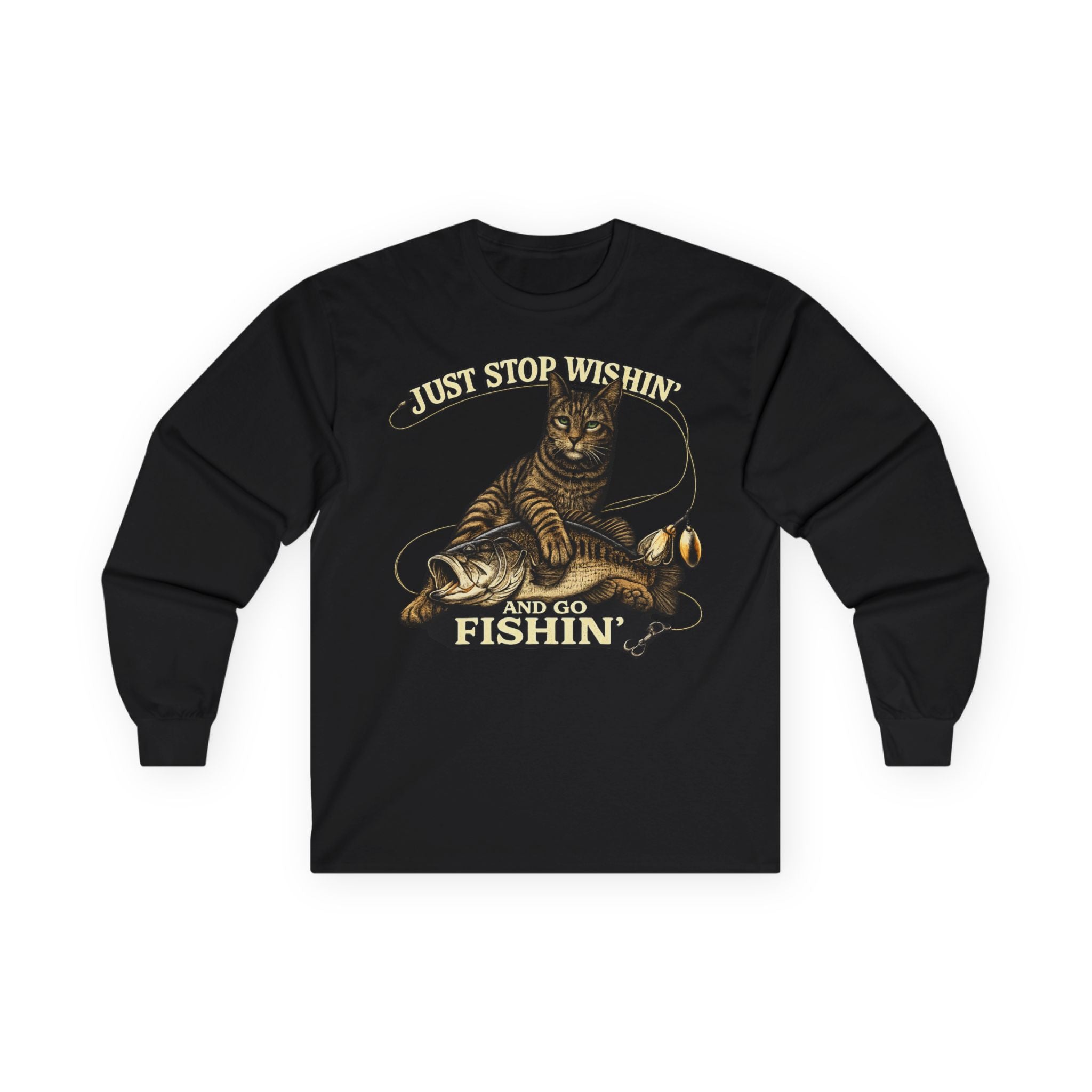 Just Stop Wishin' Fishin' Long Sleeve Tee — Vintage Cat Fishing Graphic