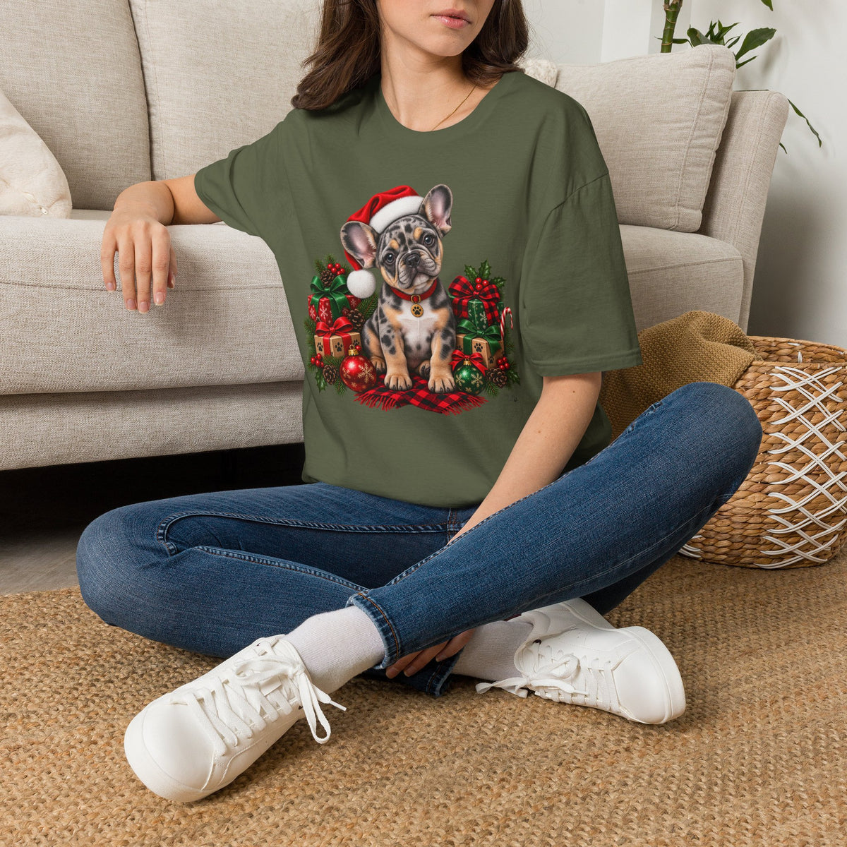 French Bulldog Christmas T-Shirt — Cute Santa Pup Holiday Tee