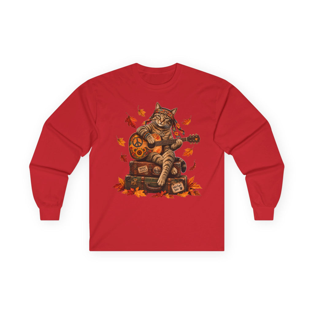 Boho Cat Guitar T- Shirt - Hippie Cat Fall Shirt, Peace Love Music tee