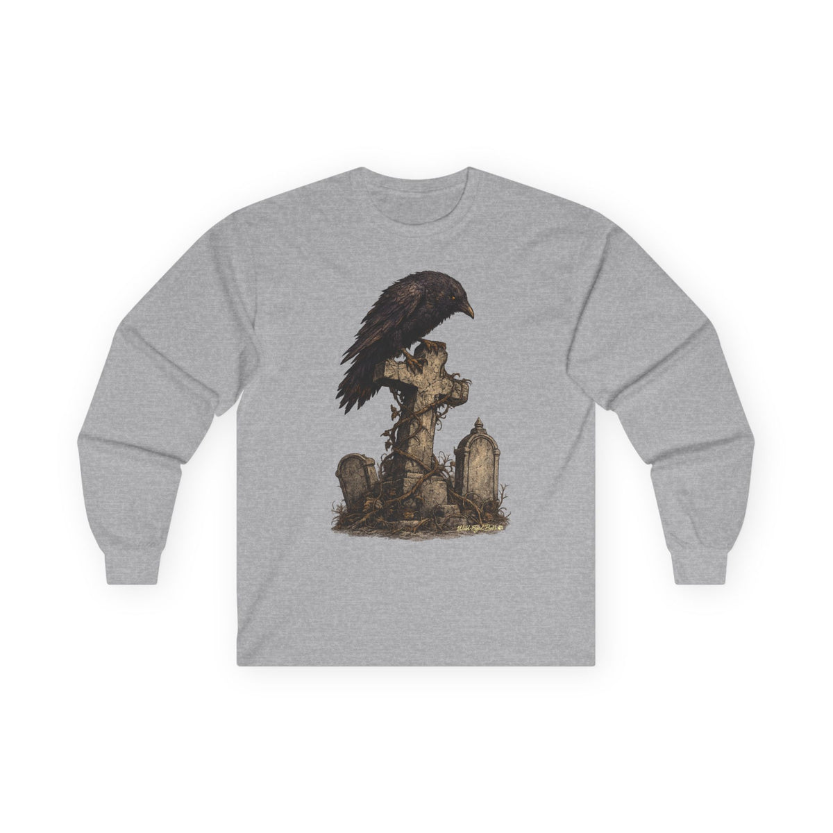Raven on Gothic Graveyard Cross Long Sleeve Tee-Goth Halloween