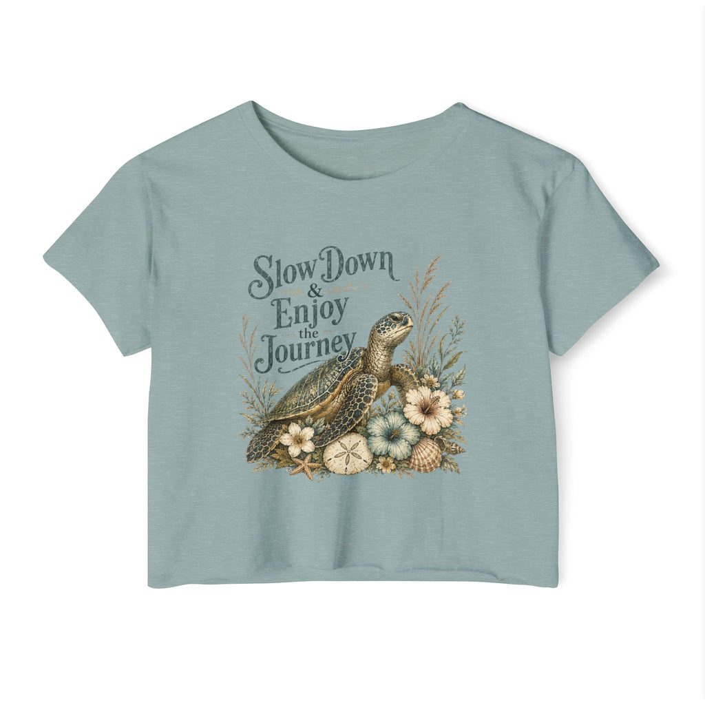 Women’s beach vibe Crop Top — “Slow Down & Enjoy the Journey” Sea Turtle Floral Festival Tee