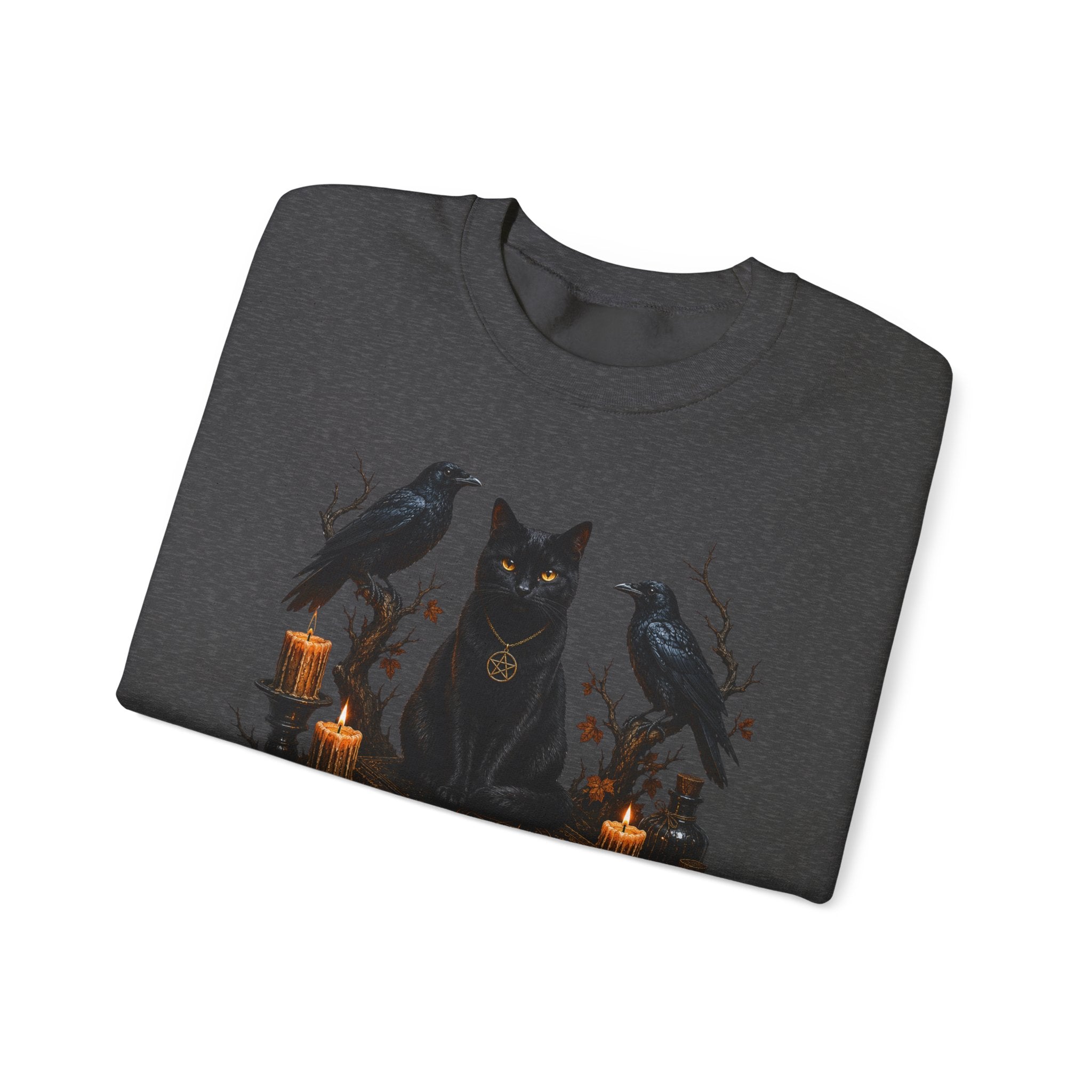 Witchy Black Cat Sweatshirt — Gothic Candle & Raven Halloween Crewneck