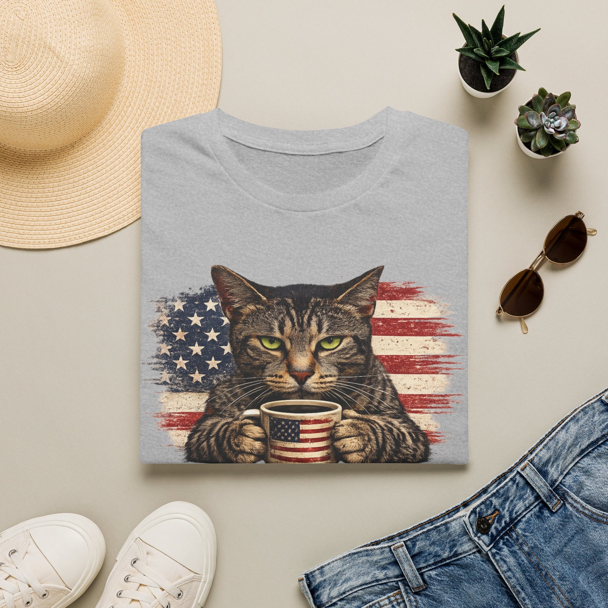 Patriotic Cat T-Shirt — American Flag Kitty with Coffee Mug