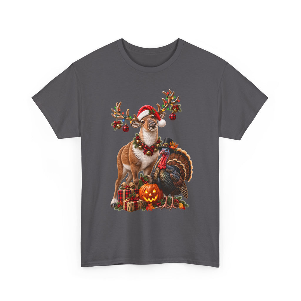 Holiday Mashup Tee — Reindeer with Turkey, Santa Hat & Jack-O’-Lantern