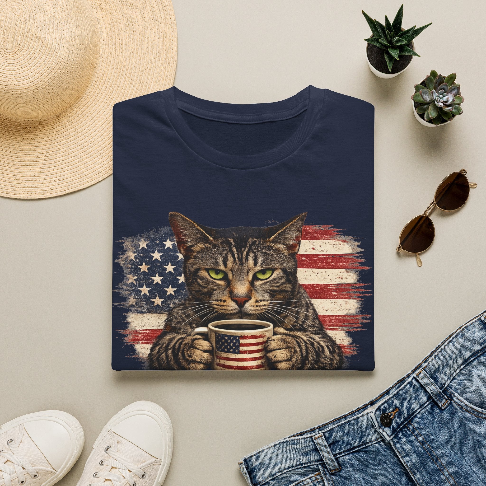 Patriotic Cat T-Shirt — American Flag Kitty with Coffee Mug