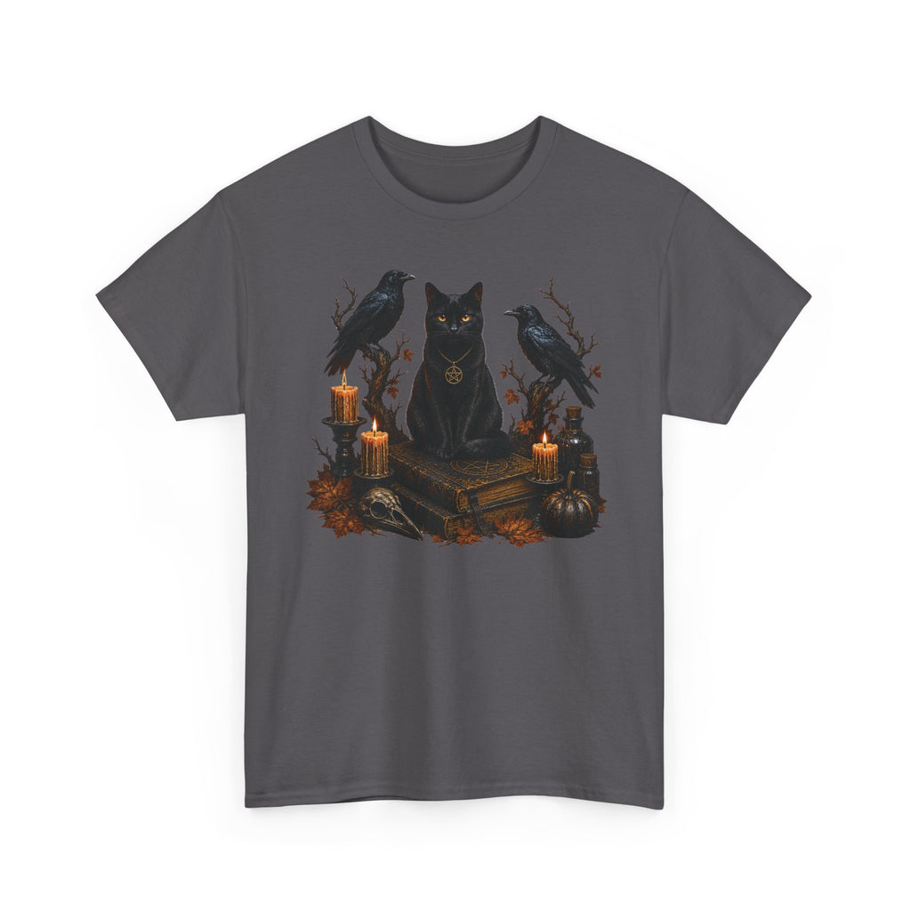 Witchy Black Cat T-Shirt — Candlelit Raven & Grimoire Gothic Tee