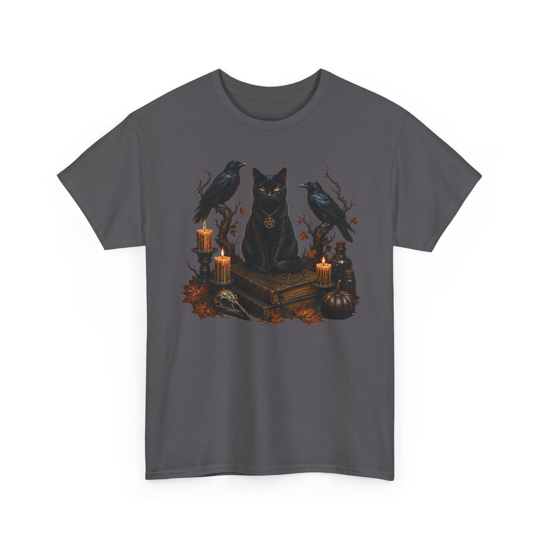Witchy Black Cat T-Shirt — Candlelit Raven & Grimoire Gothic Tee