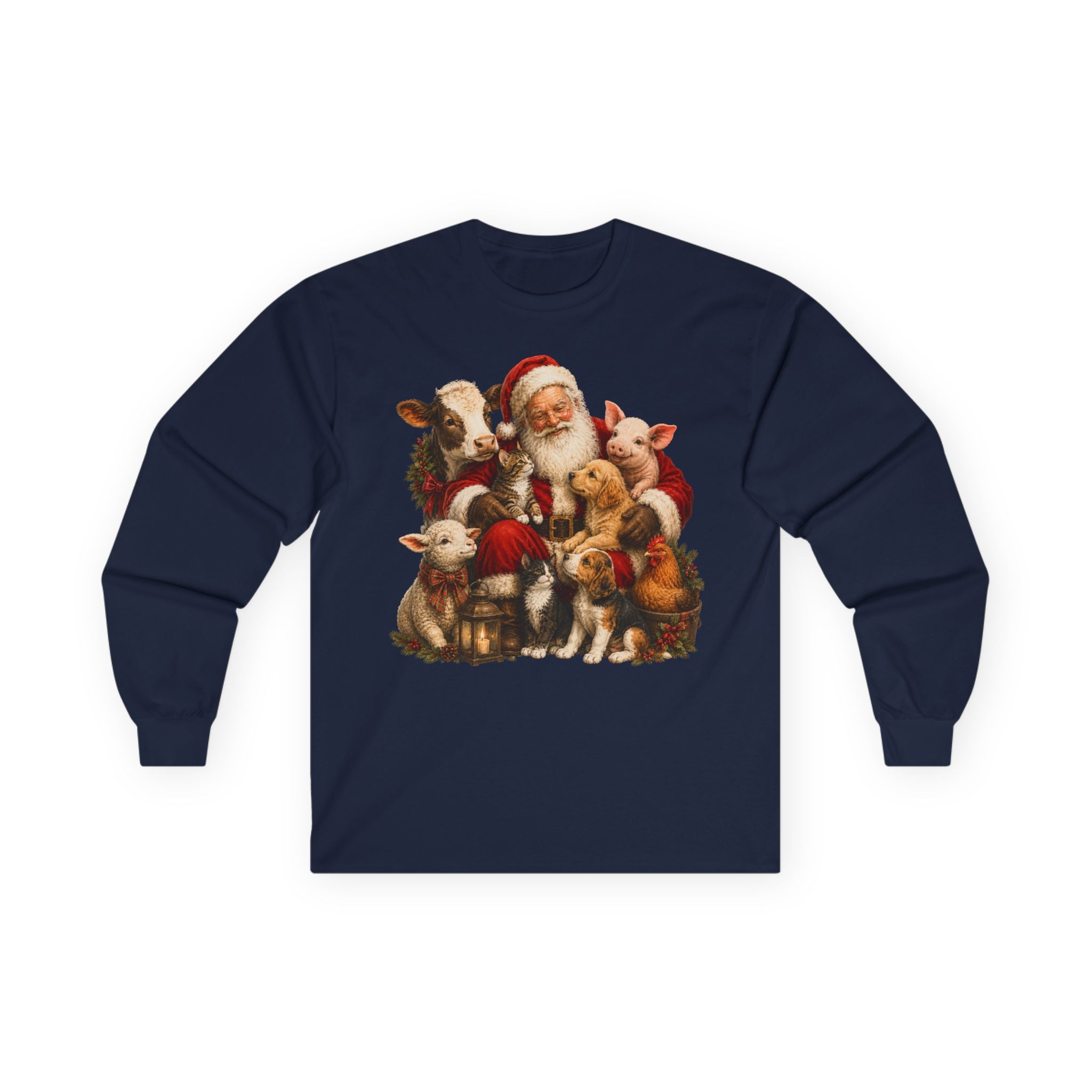 Christmas Santa with farm animals Long Sleeve Tee — Vintage Holiday Animal Shirt