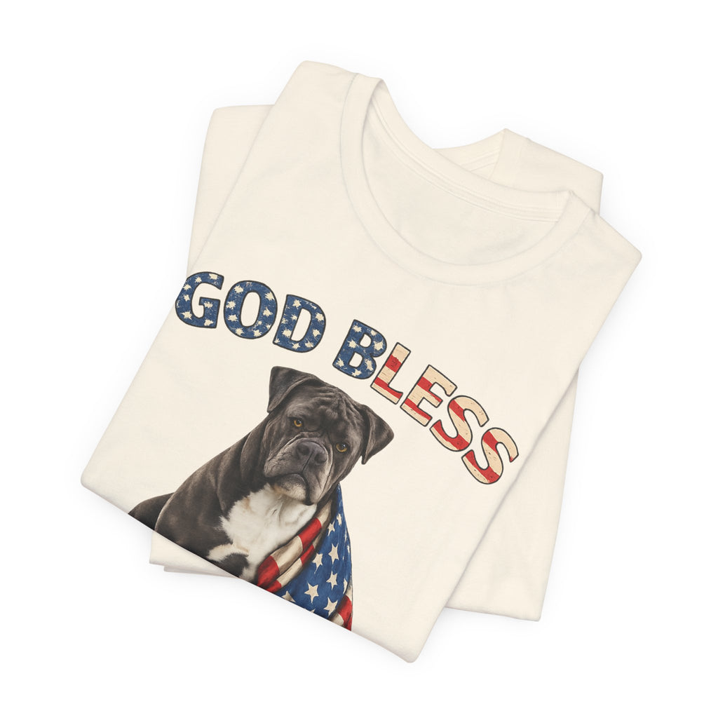 Patriotic Bulldog Tee – "God Bless America" USA Flag Dog T-Shirt