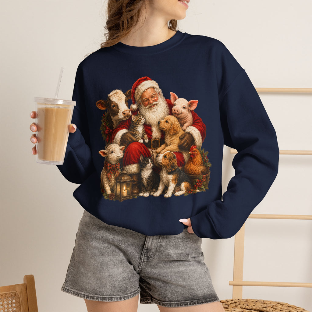 Santa with Farm Animals Sweatshirt — Vintage Christmas Crewneck