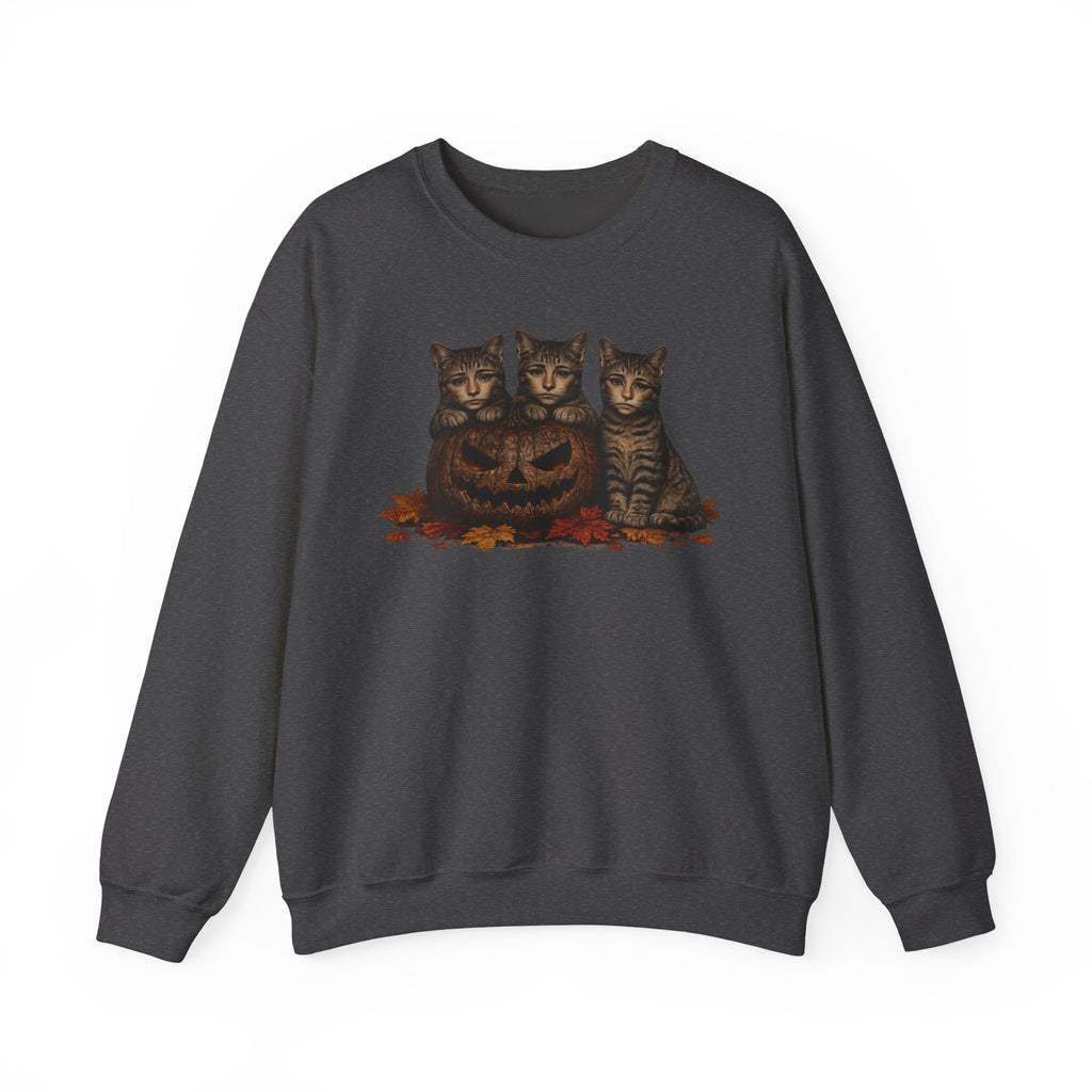 Halloween Cat Trio Crewneck Sweatshirt — Vintage Pumpkin Cats Fall Graphic