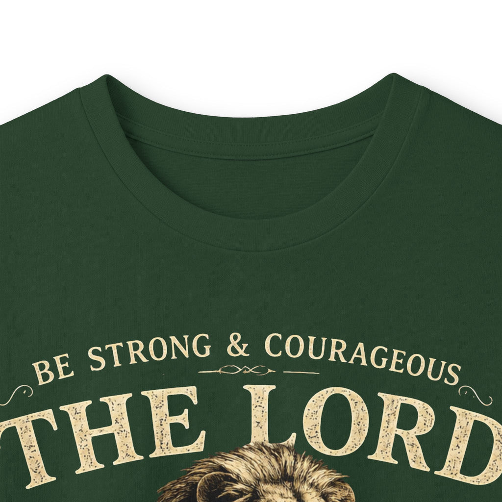 Christian Lion Long Sleeve Tee — “Be Strong & Courageous, The Lord Your God” Inspirational Shirt