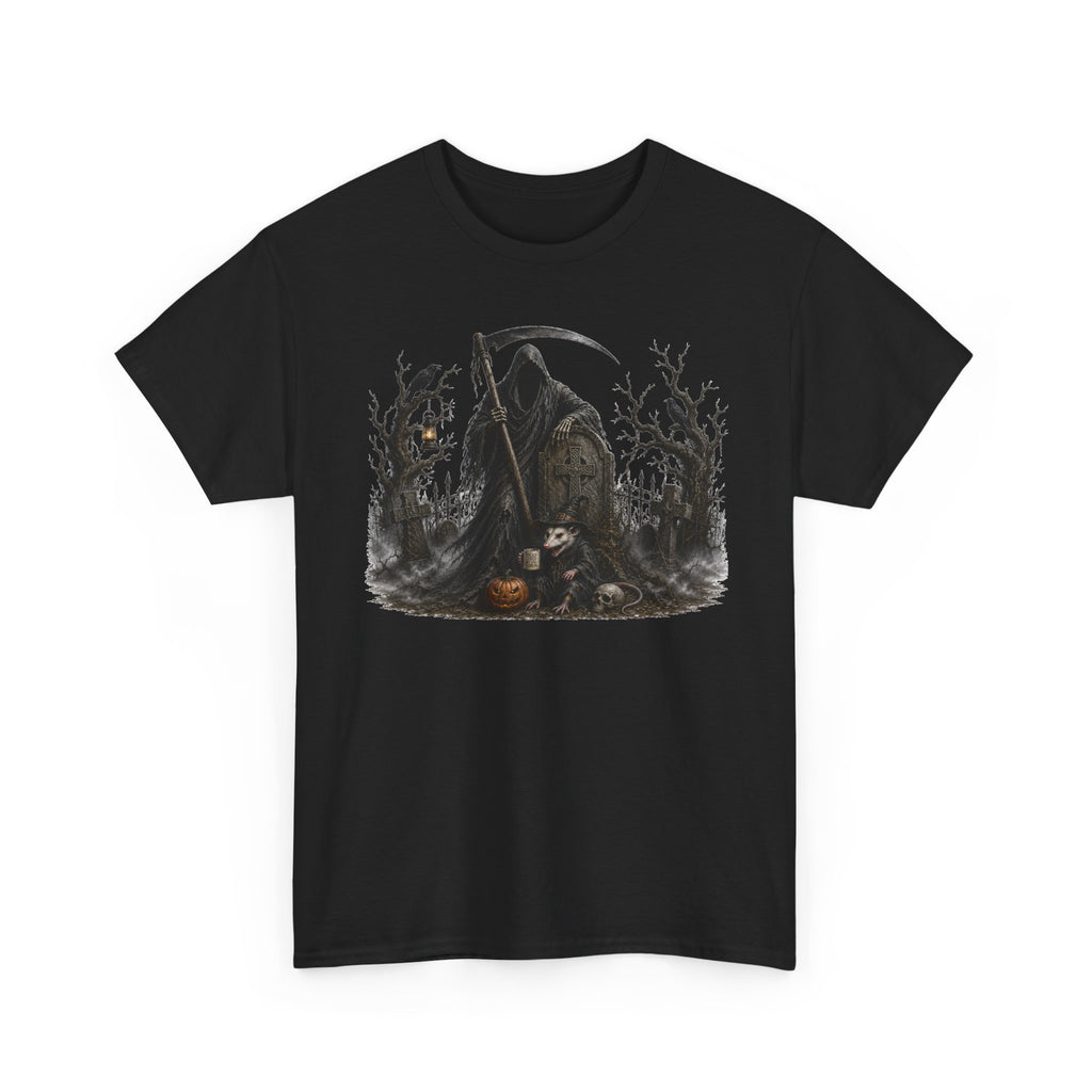 Grim Reaper Halloween T-Shirt — Dark Scythe & Pumpkins Graphic Tee