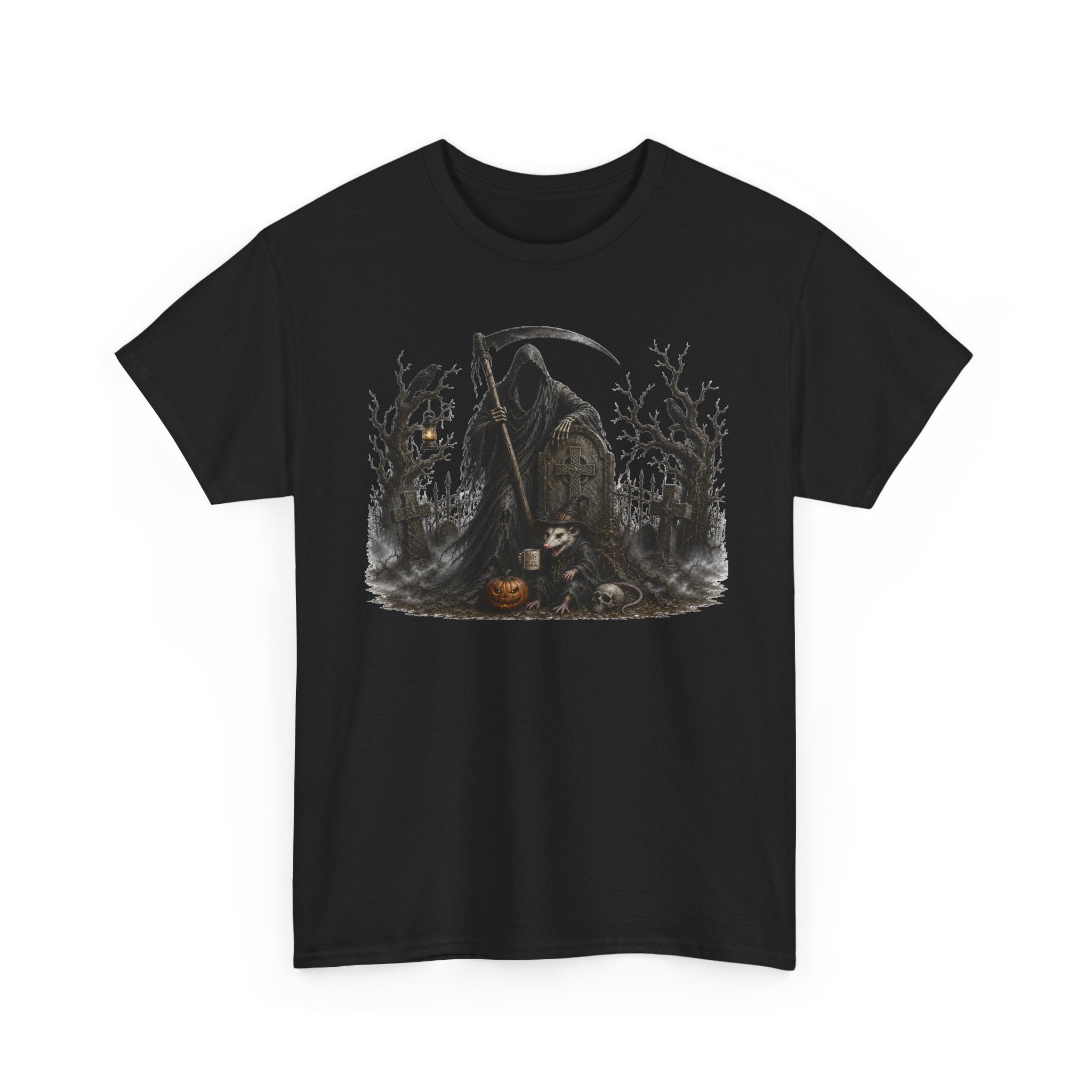 Grim Reaper Halloween T-Shirt — Dark Scythe & Pumpkins Graphic Tee