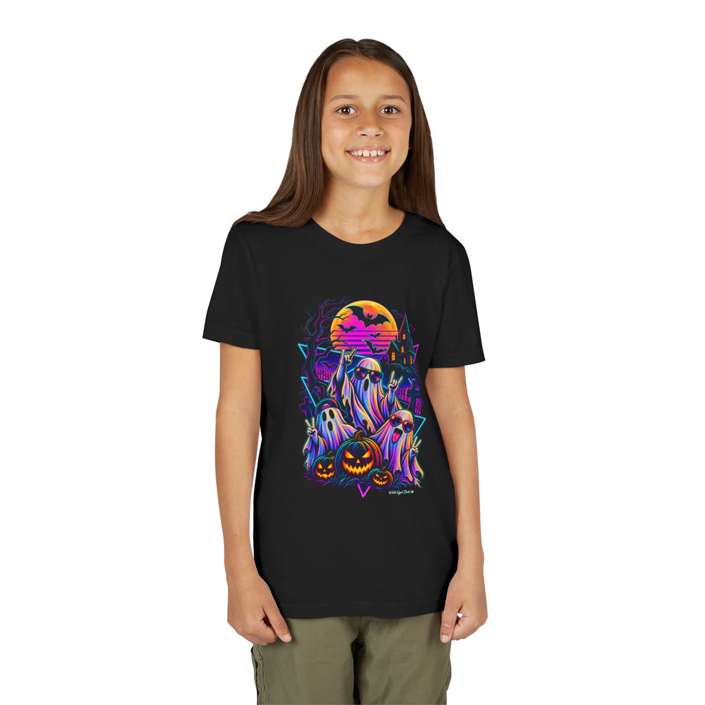Youth Halloween Ghosts T‑Shirt — Neon Retro Pumpkin Tee