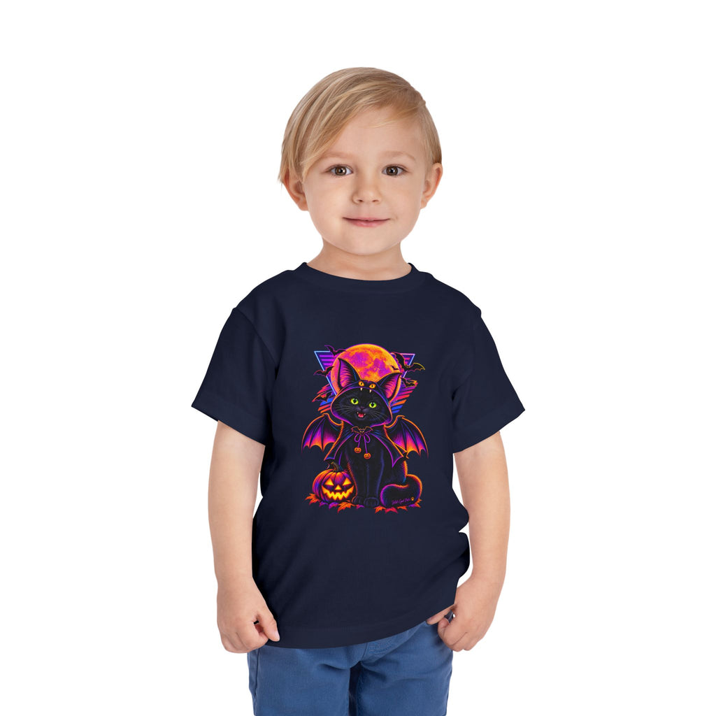 Toddler Tee — Neon Halloween Bat Cat with Pumpkin Graphic