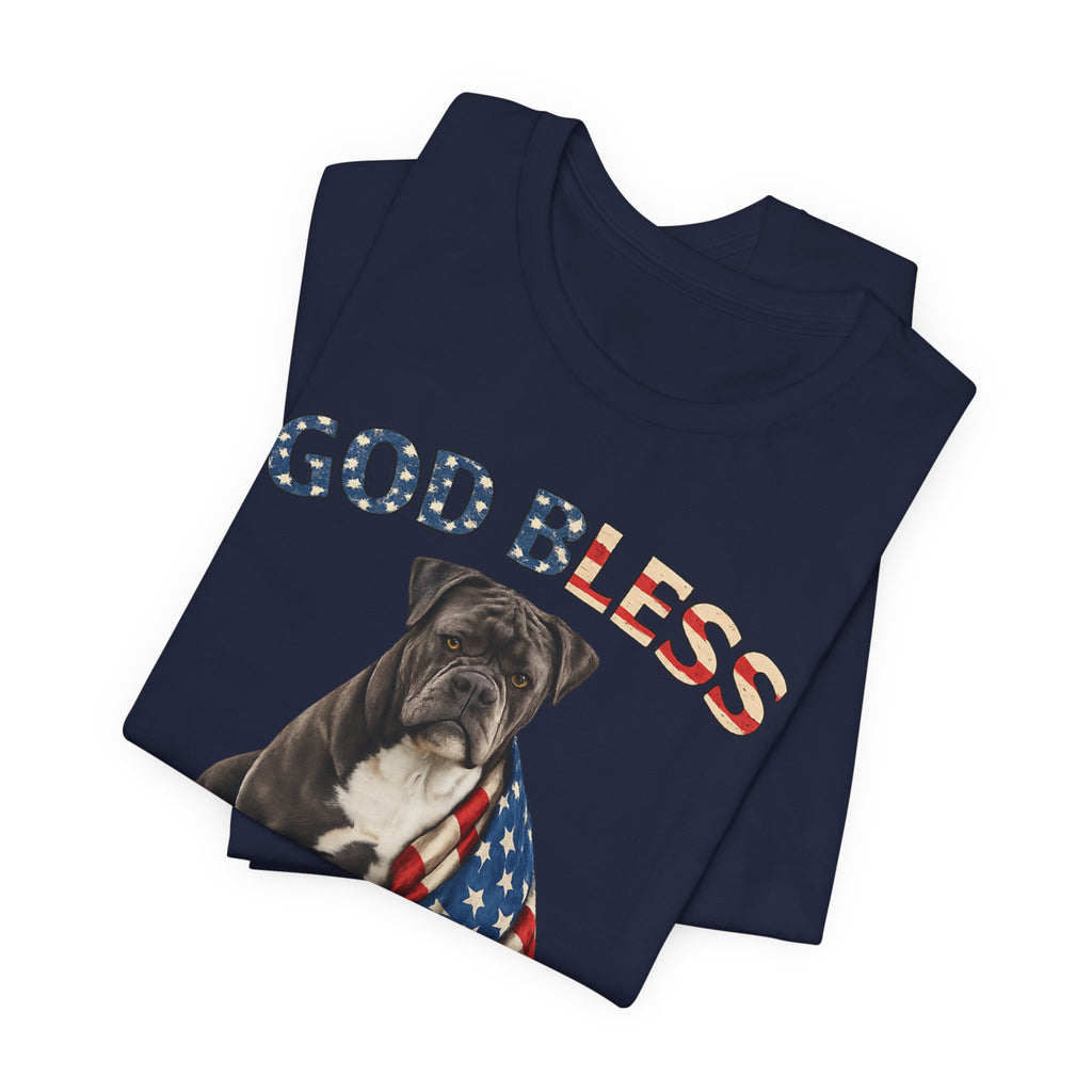 Patriotic Bulldog Tee – "God Bless America" USA Flag Dog T-Shirt