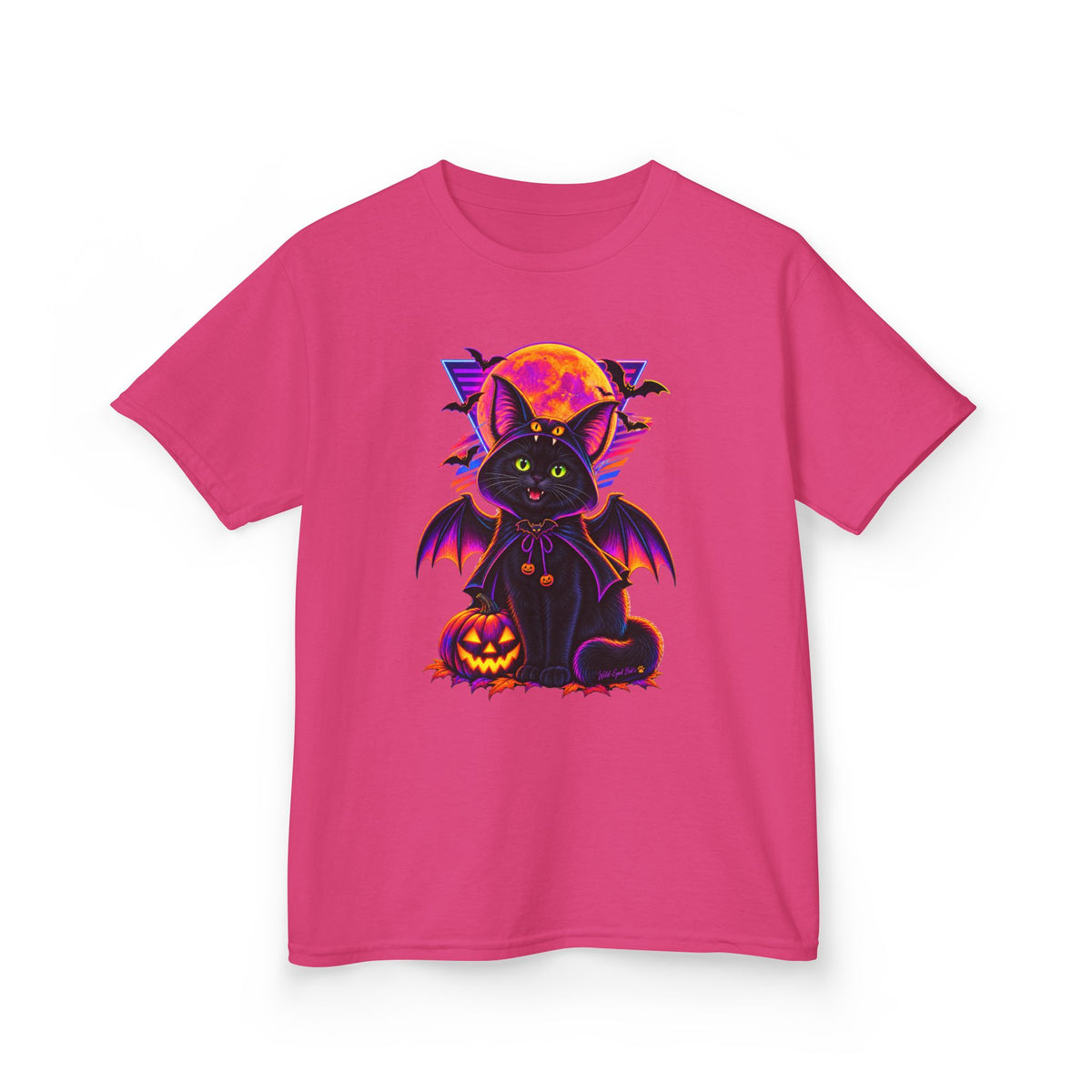 Kids Halloween Vampire  Bat Cat T-Shirt — Cute Black Cat with Pumpkin & Full Moon