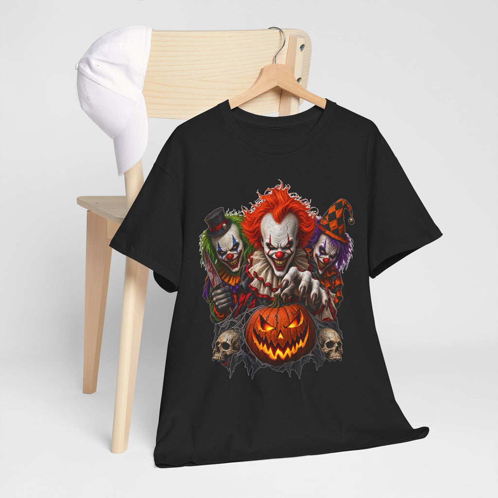 Horror Clown Trio Halloween T-Shirt — Scary Clown Pumpkin Design