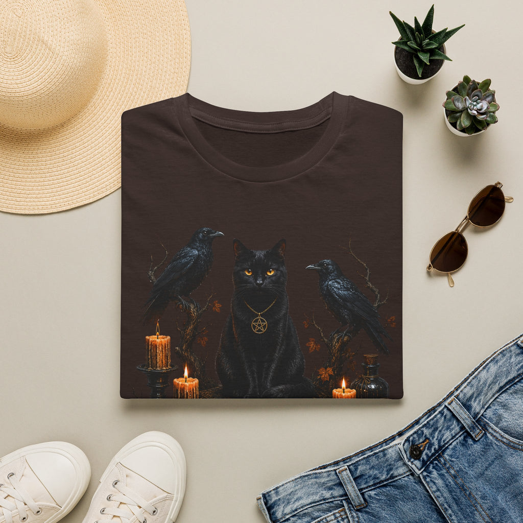 Occult Black Cat T-Shirt — Witchy Candle & Raven Spell Design