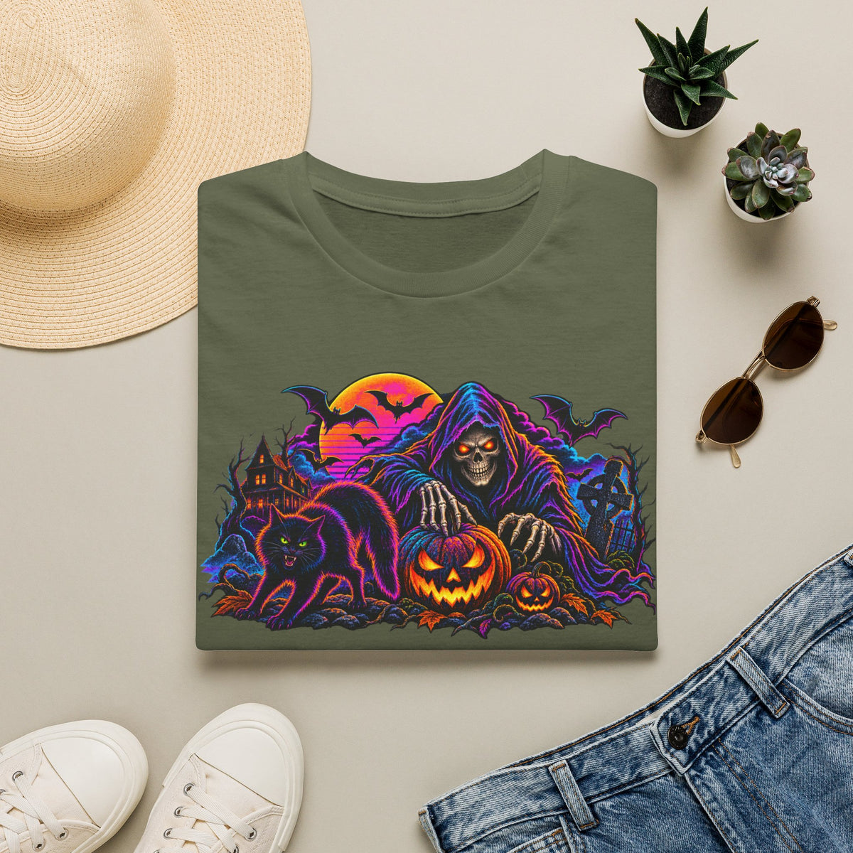 Halloween Grim Reaper T-Shirt — Pumpkin, Bats & Haunted Night Graphic Tee