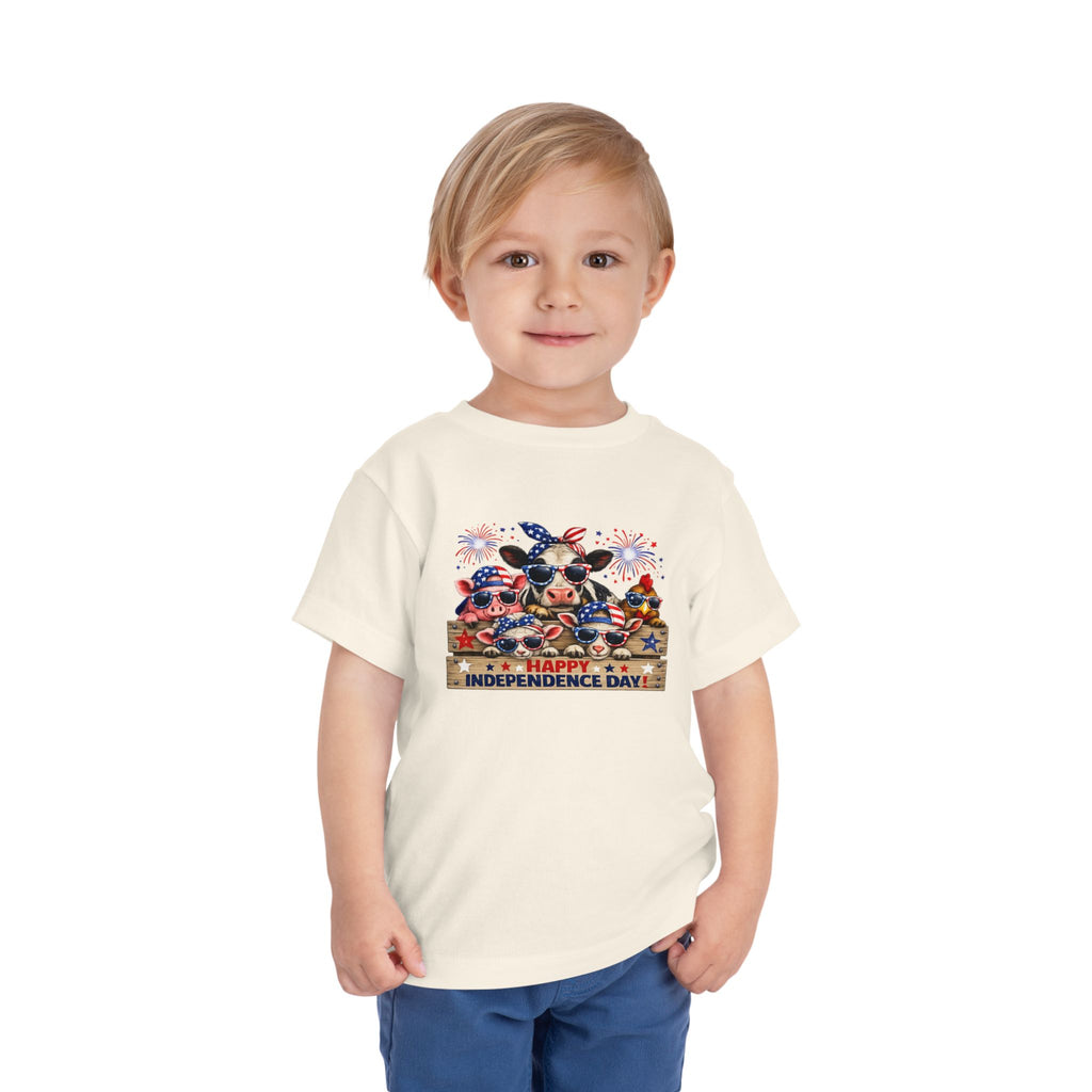 Happy Independence Day Toddler Tee — Patriotic Farm Animals  & Fireworks 4th of July Shirt