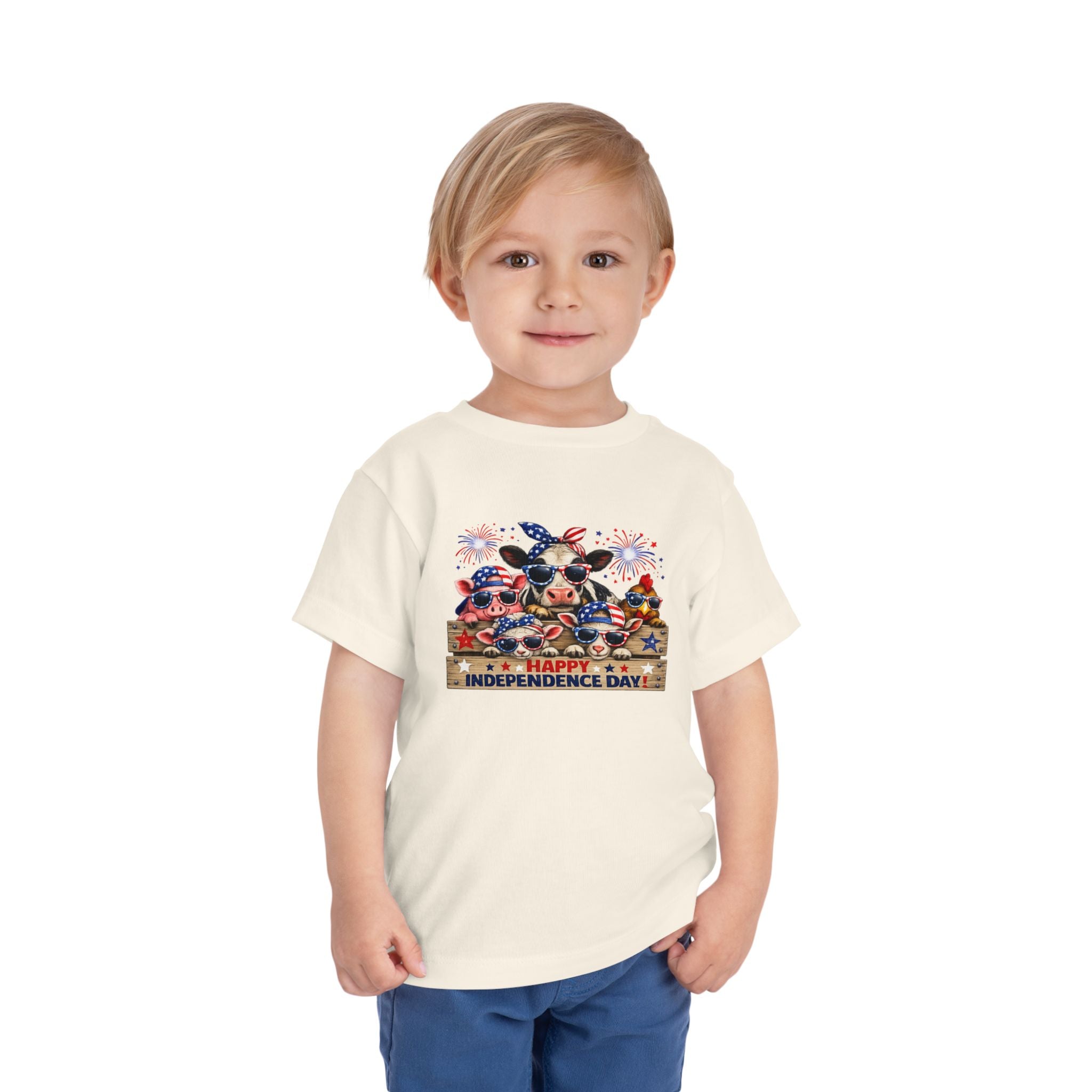 Happy Independence Day Toddler Tee — Patriotic Farm Animals  & Fireworks 4th of July Shirt