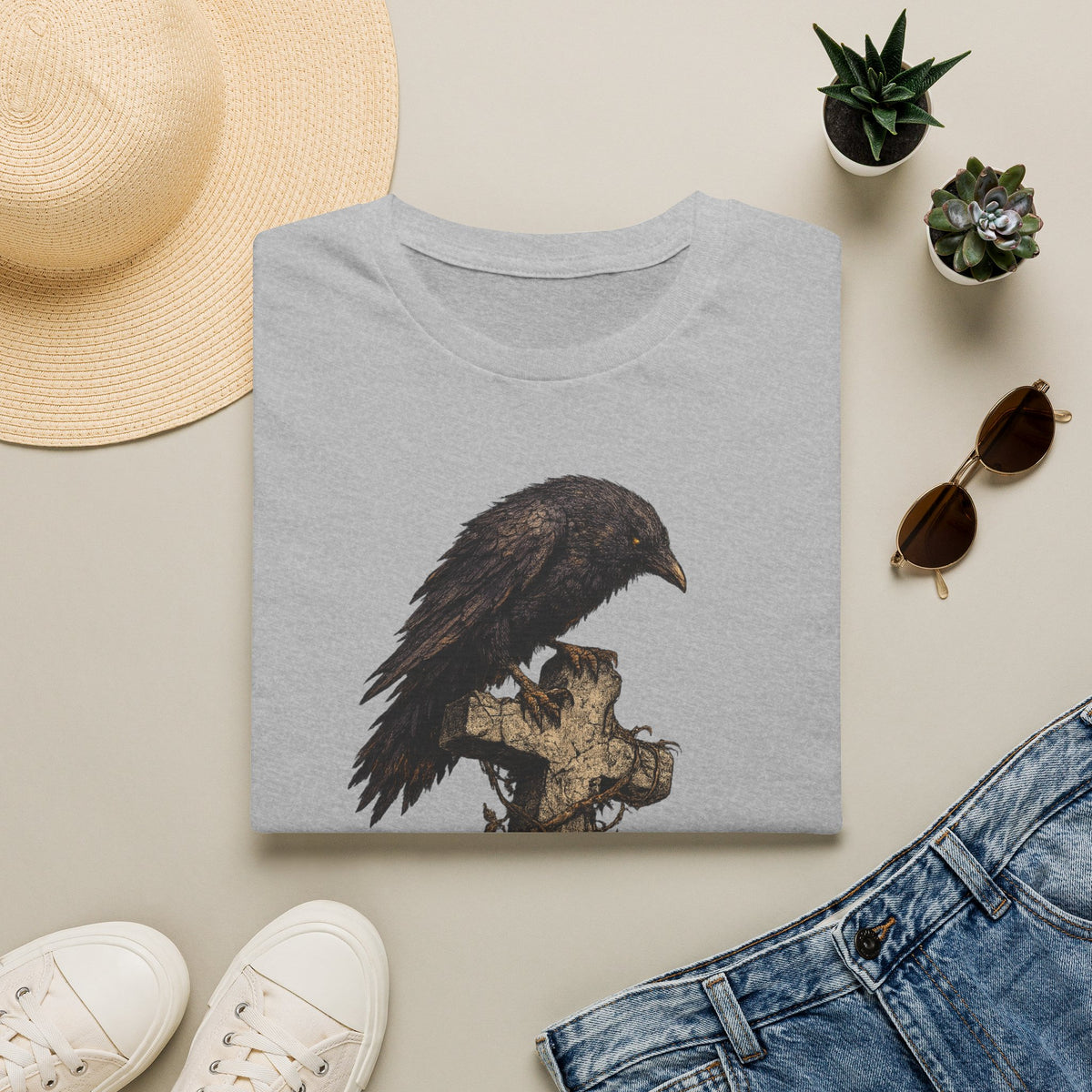 Raven on Graveyard T‑Shirt — Gothic Crow Cemetery Art Tee