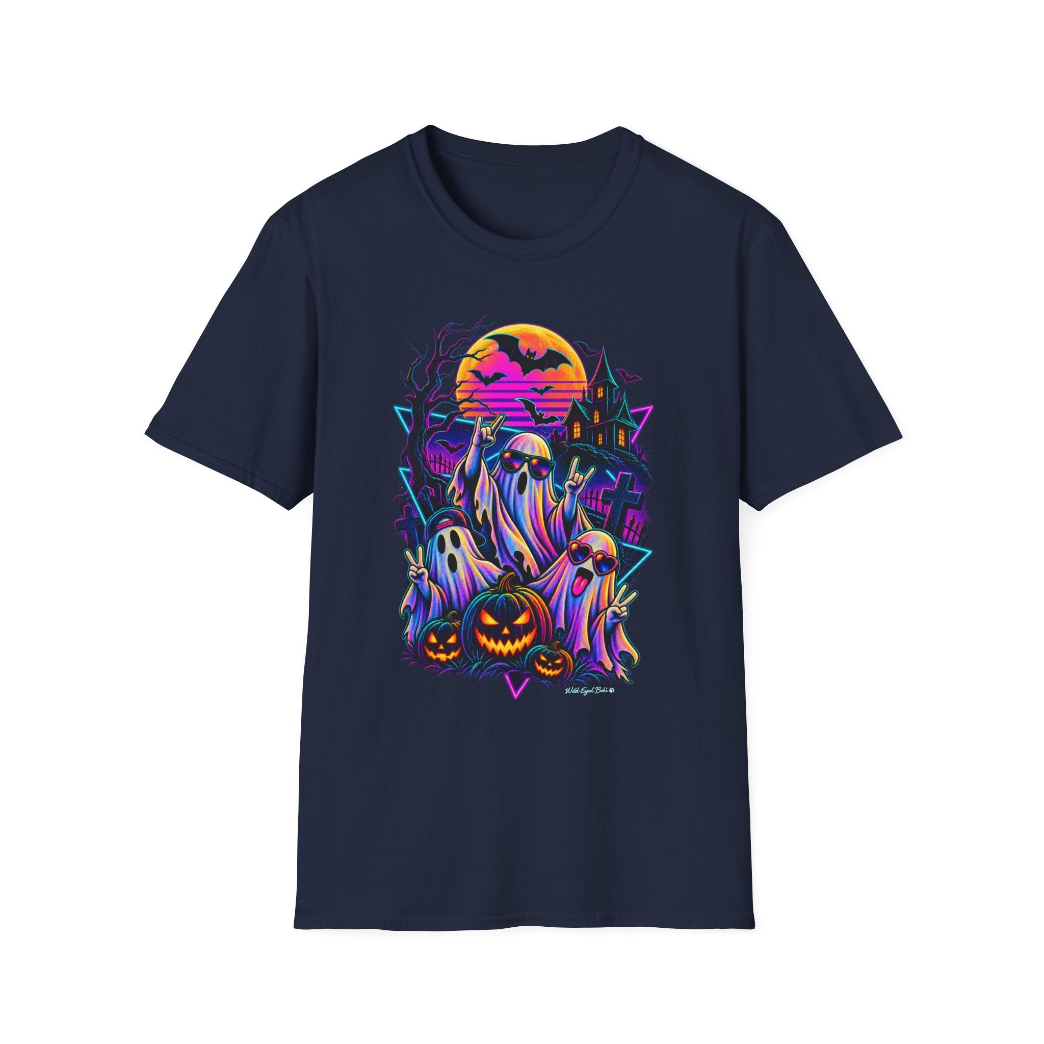 Halloween Neon Ghost T-Shirt — Retro Haunted House Pumpkin Design