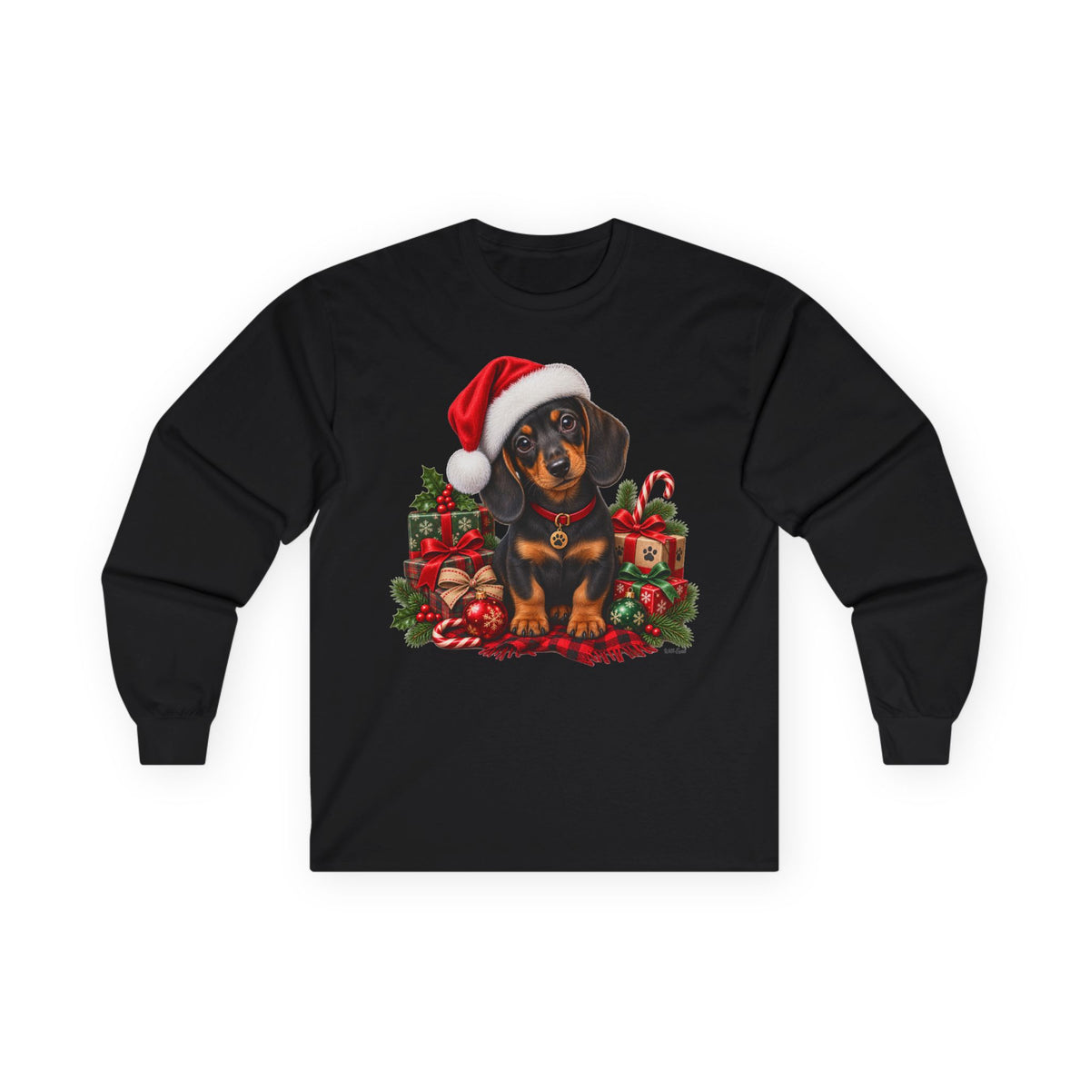 Dachshund Christmas Long Sleeve Tee - Santa Hat Puppy Holiday Shirt