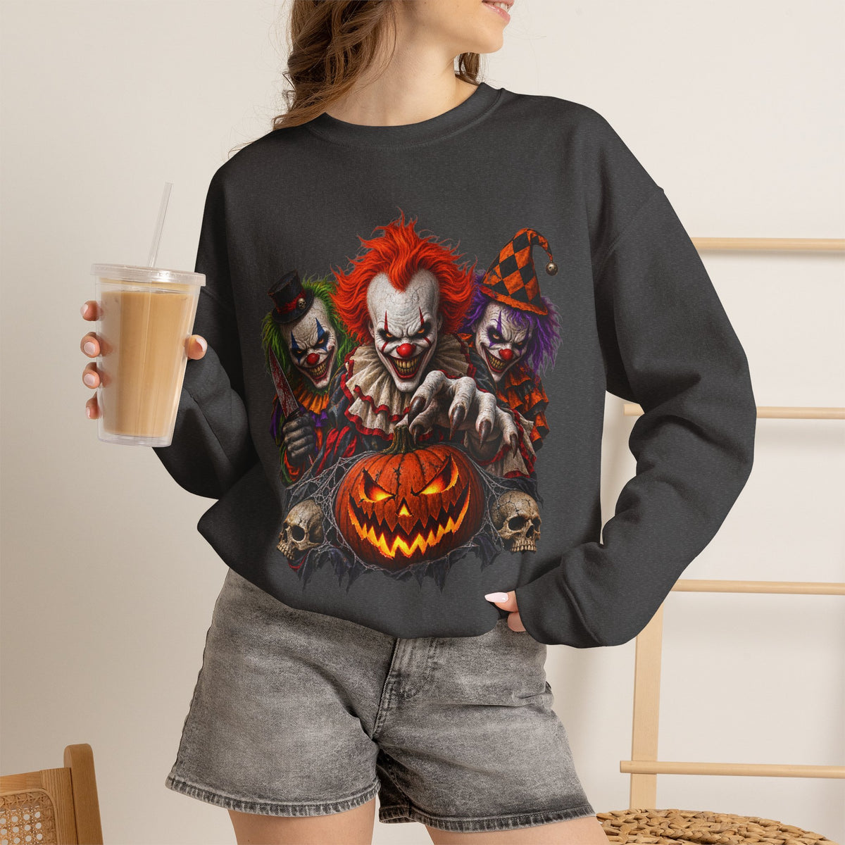 Creepy Clown Halloween Sweatshirt — Scary Trio with Jack-O'-Lantern