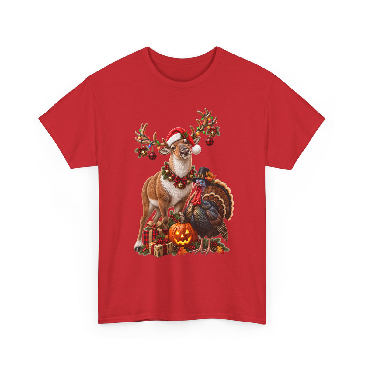 Holiday Mashup Tee — Reindeer with Turkey, Santa Hat & Jack-O’-Lantern