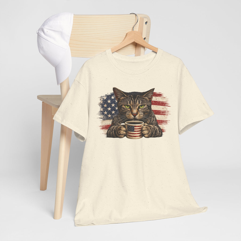 American Flag Cat T‑Shirt — Patriotic Kitten with Coffee Cup
