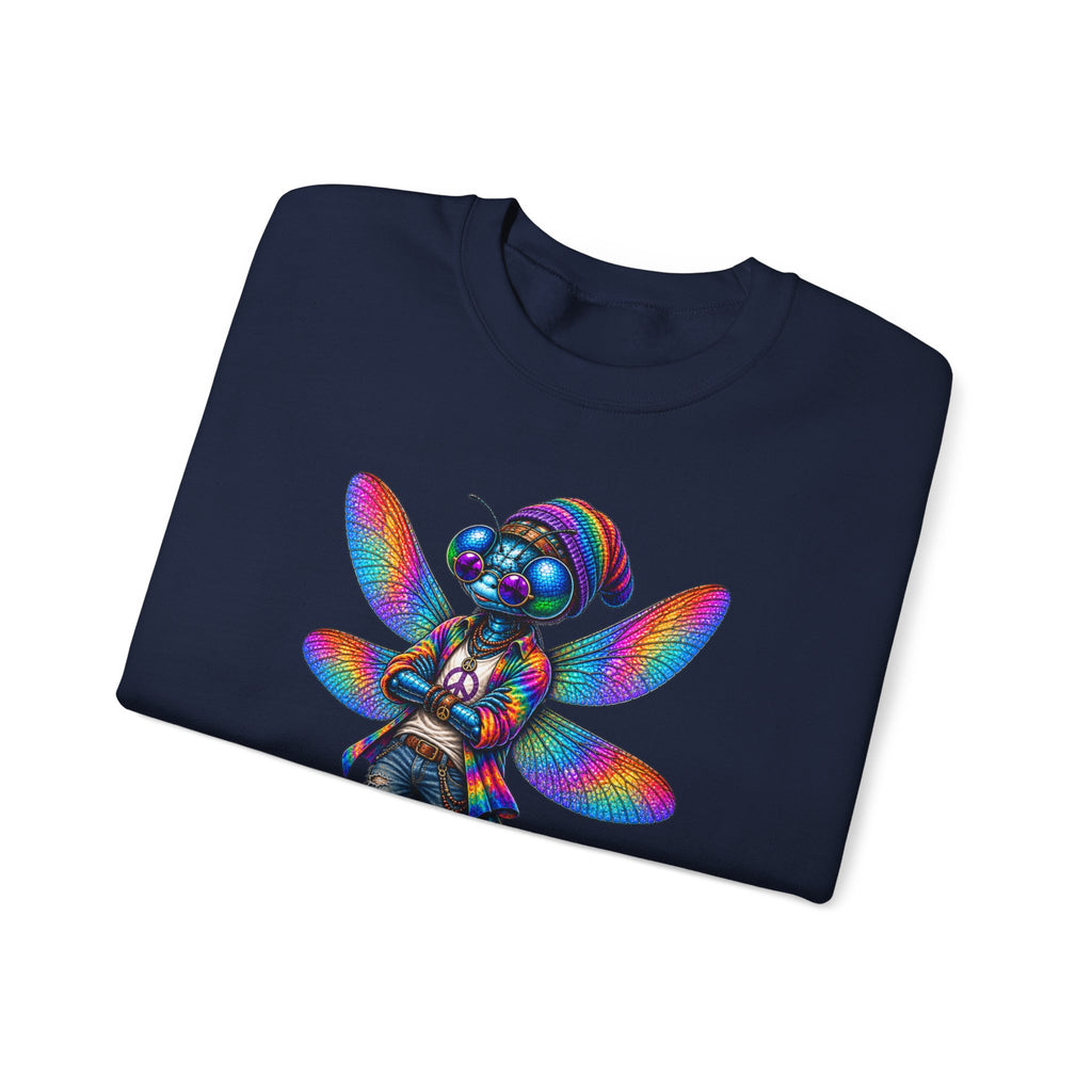 Neon Dragonfly Crewneck Sweatshirt — Rainbow Cyberpunk Kitty Graphic