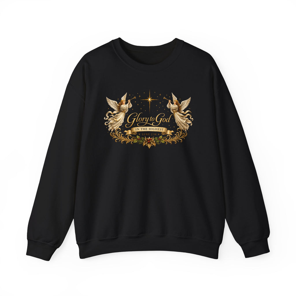 Glory to God Crewneck Sweatshirt — Angel Wings & Star Christian Holiday Pullover