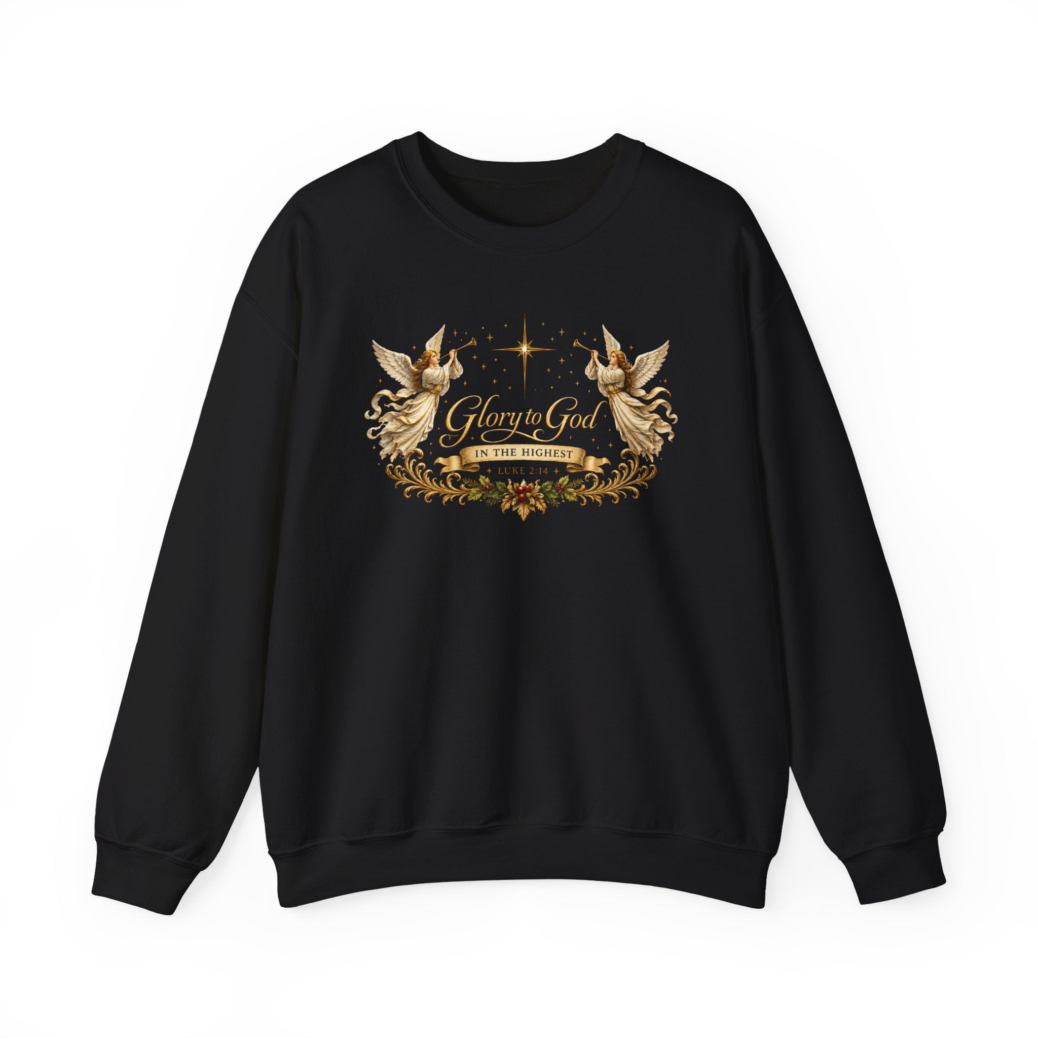 Glory to God Crewneck Sweatshirt — Angel Wings & Star Christian Holiday Pullover
