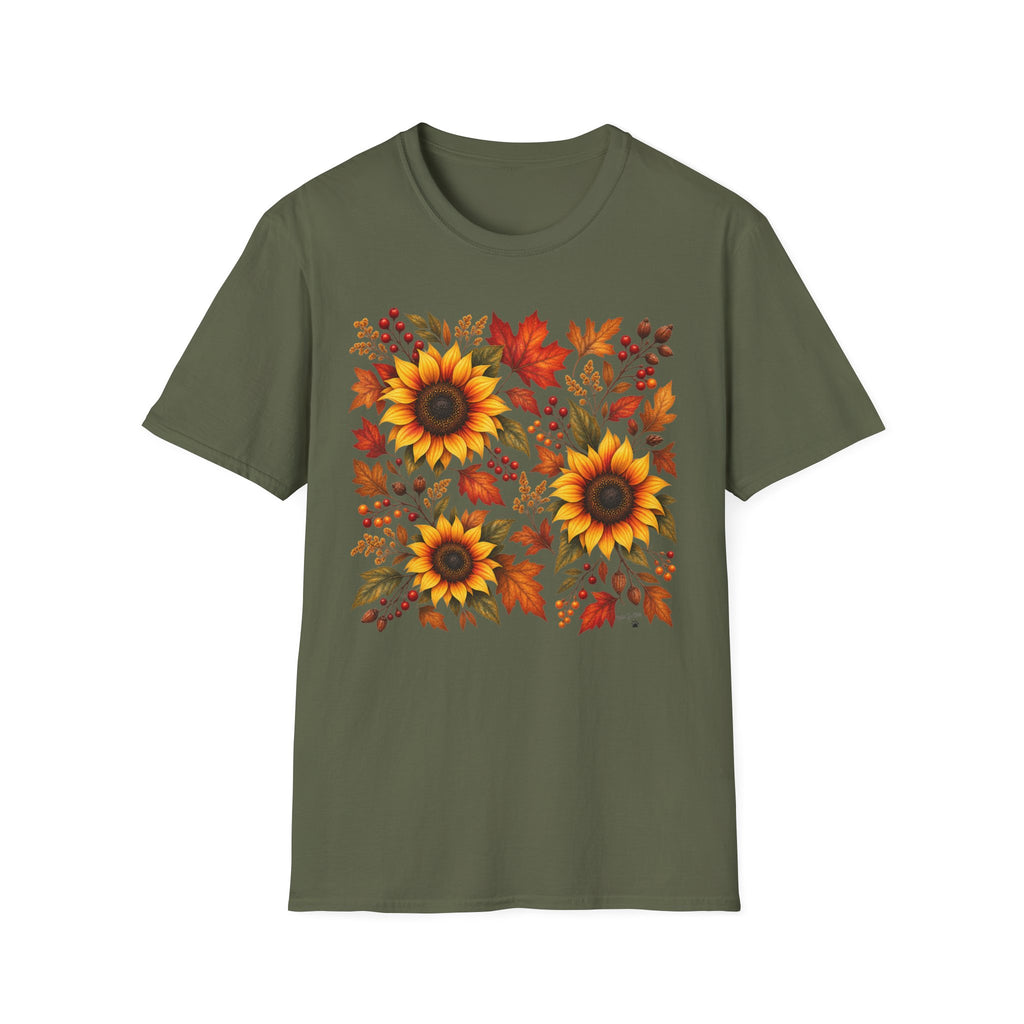 Sunflower & Autumn Leaves T-Shirt — Fall Floral Tee