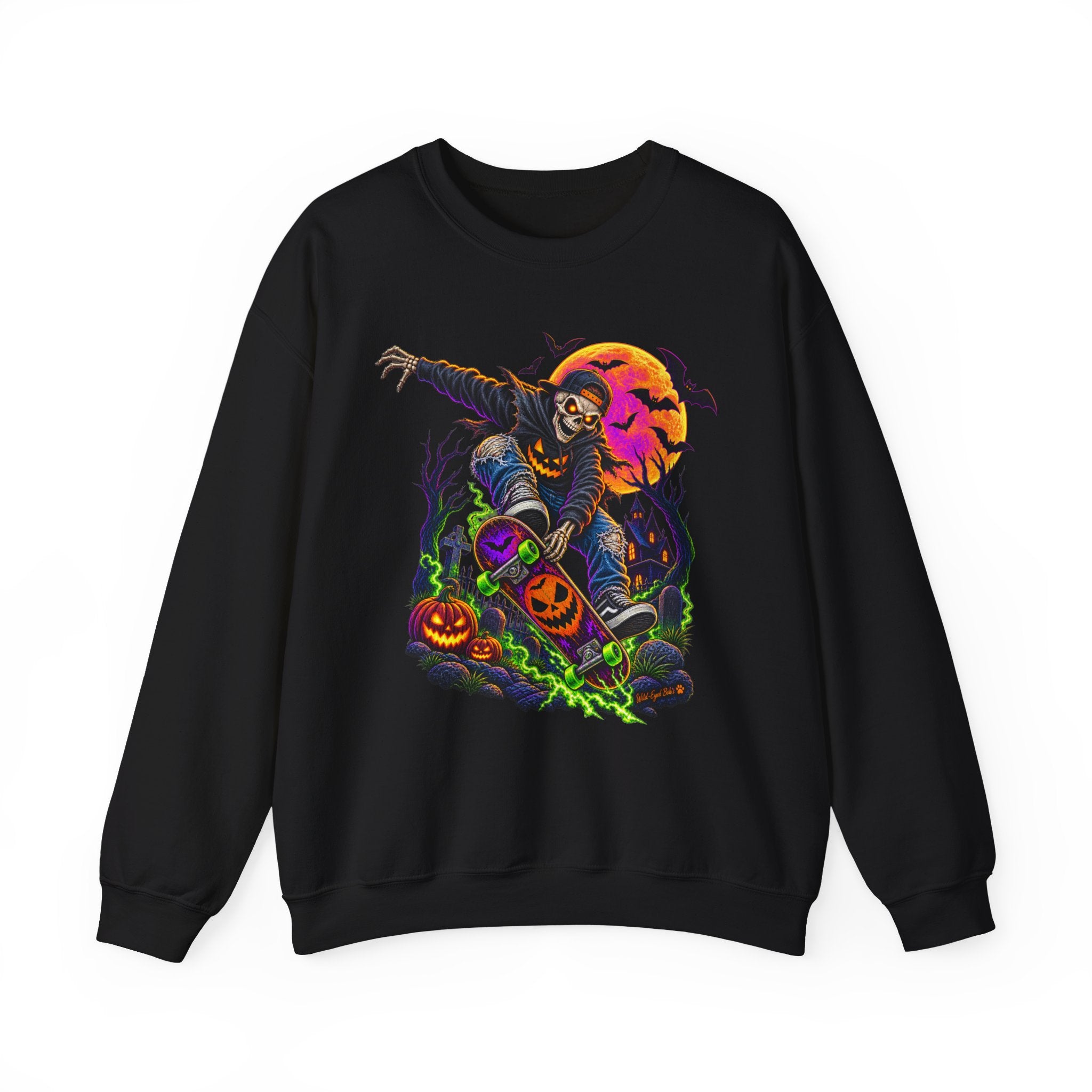 Halloween Skeleton Graveyard Sweatshirt — Spooky Pumpkin & Bats Crewneck
