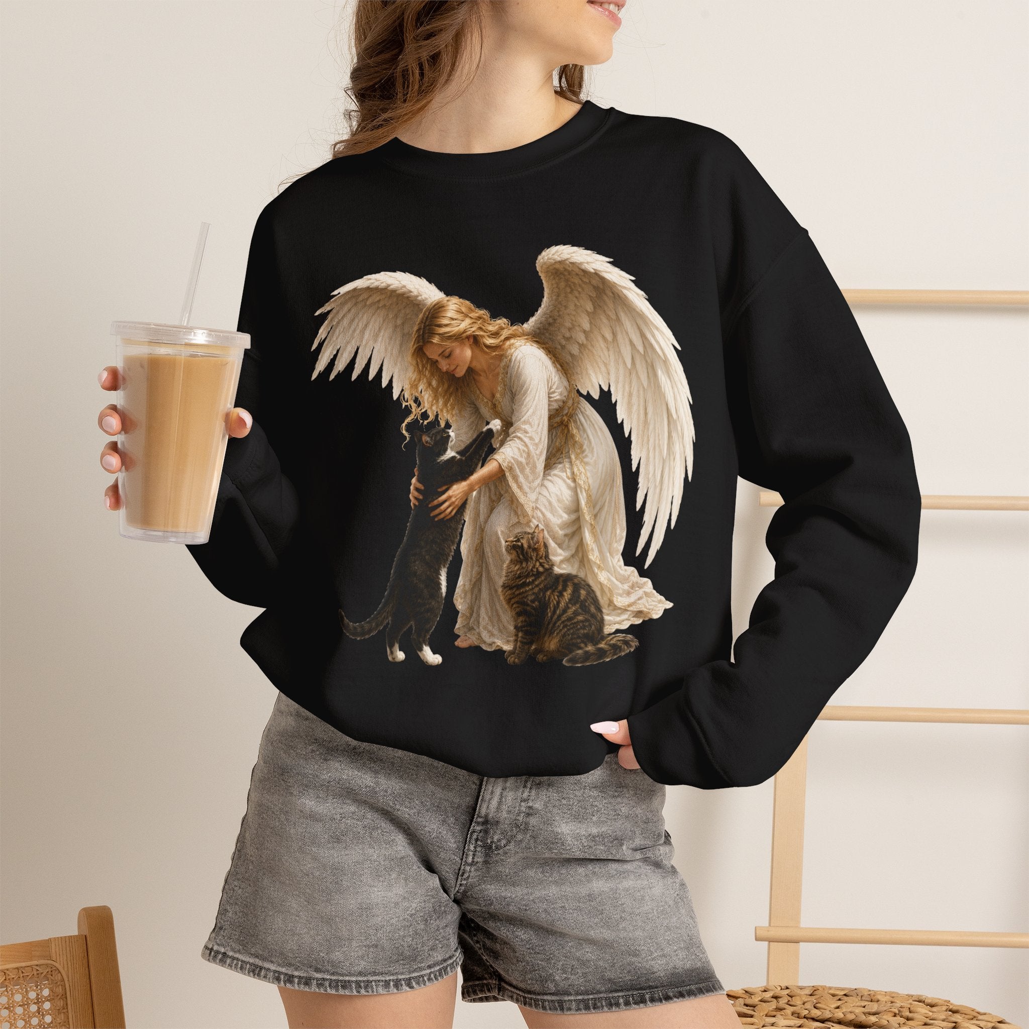 Angel Embrace cat Sweatshirt — Winged Guardian with Cat Graphic
