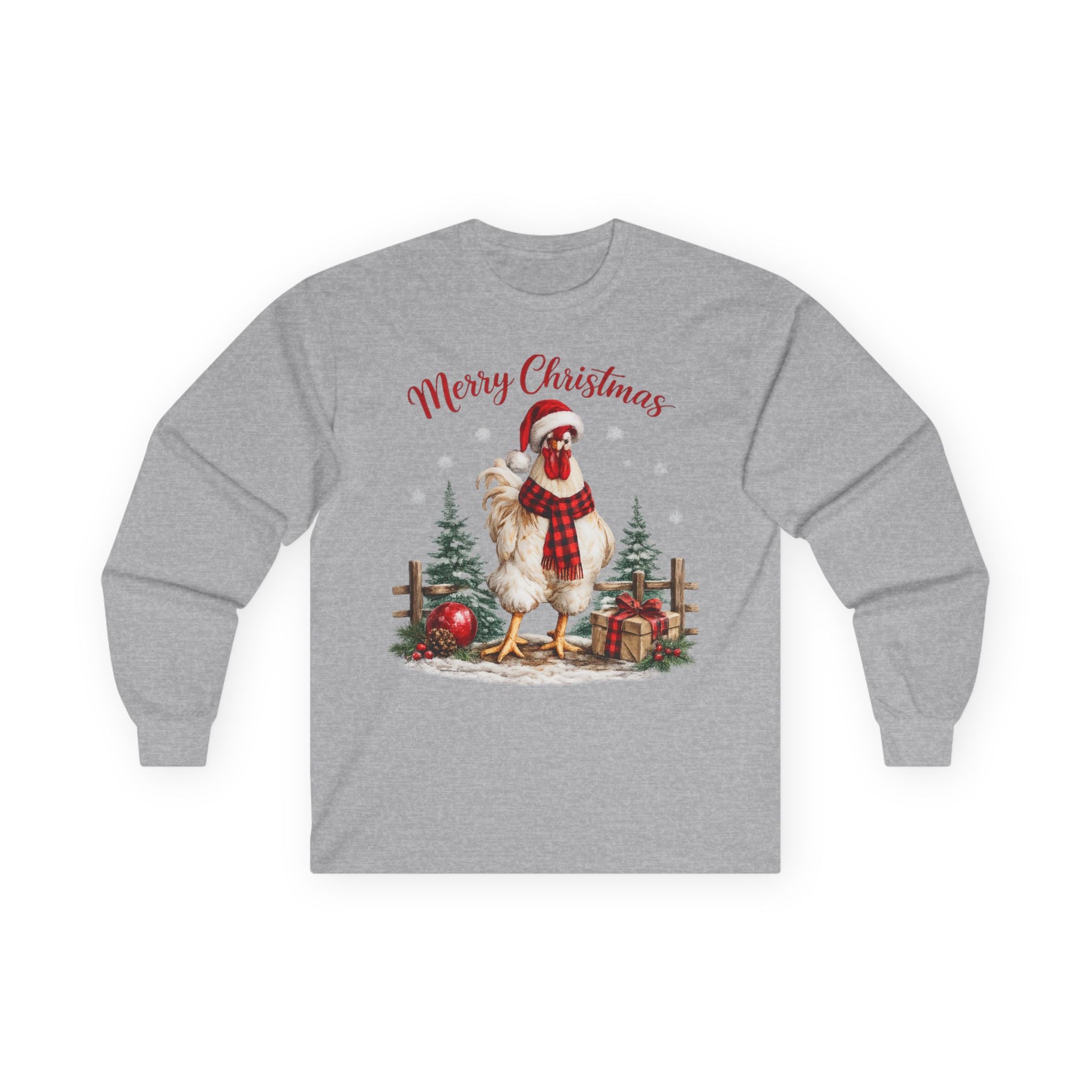 Christmas Rooster Long Sleeve Tee — “Merry Christmas” Holiday Duck with Scarf & Gifts