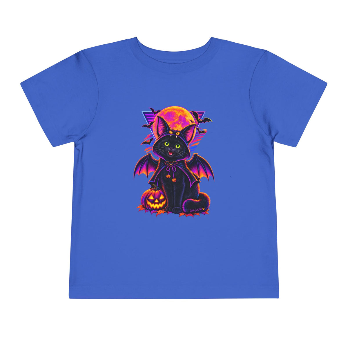 Toddler Tee — Neon Halloween Bat Cat with Pumpkin Graphic