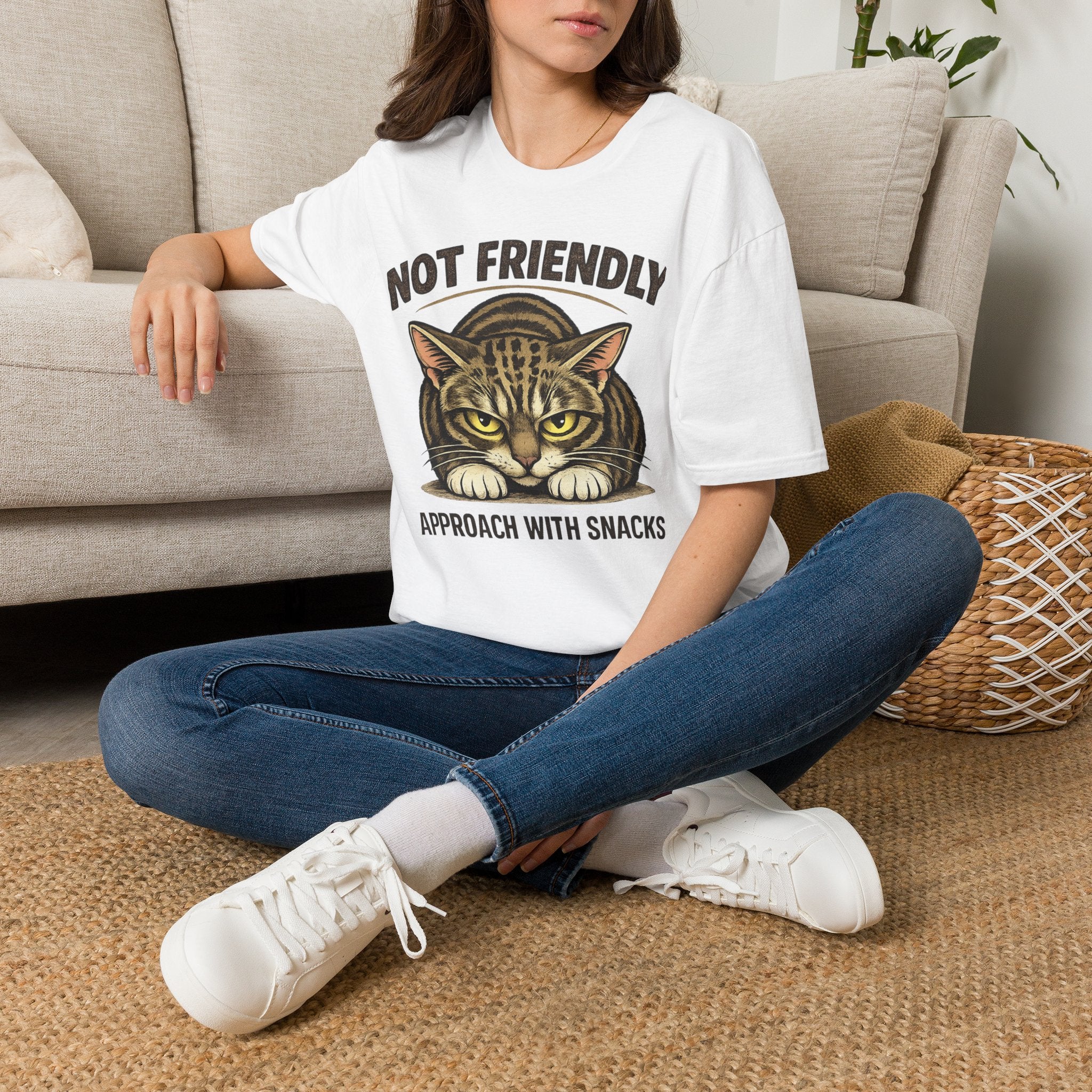 Not Friendly Cat T-Shirt — "Approach With Snacks" Vintage Grumpy Cat Tee