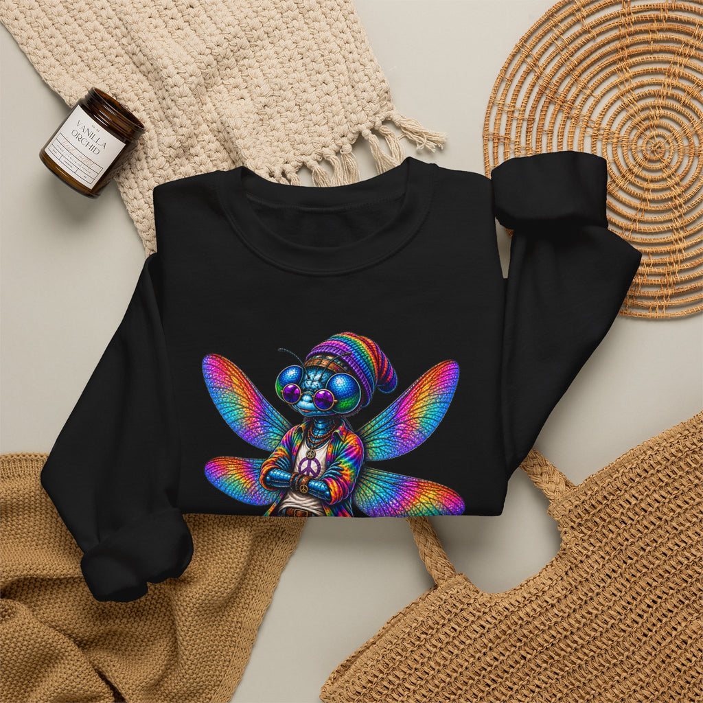 Neon Dragonfly Crewneck Sweatshirt — Rainbow Cyberpunk Kitty Graphic