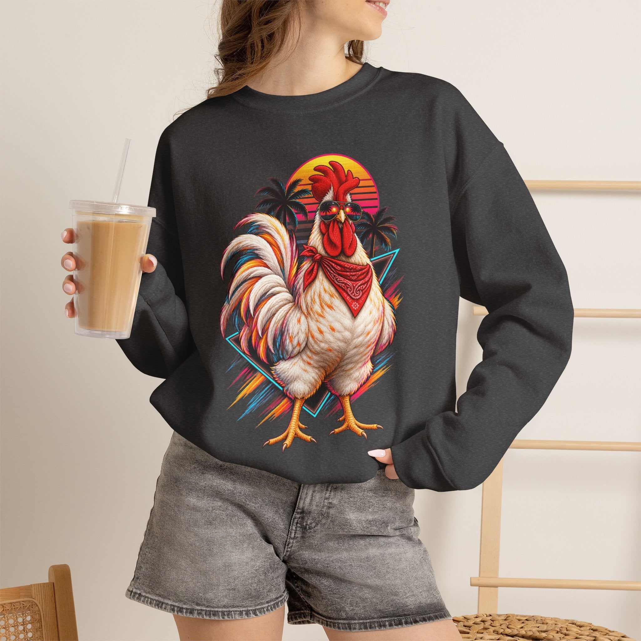 Rooster Sunset Crewneck Sweatshirt — Tropical Farm Rooster Graphic