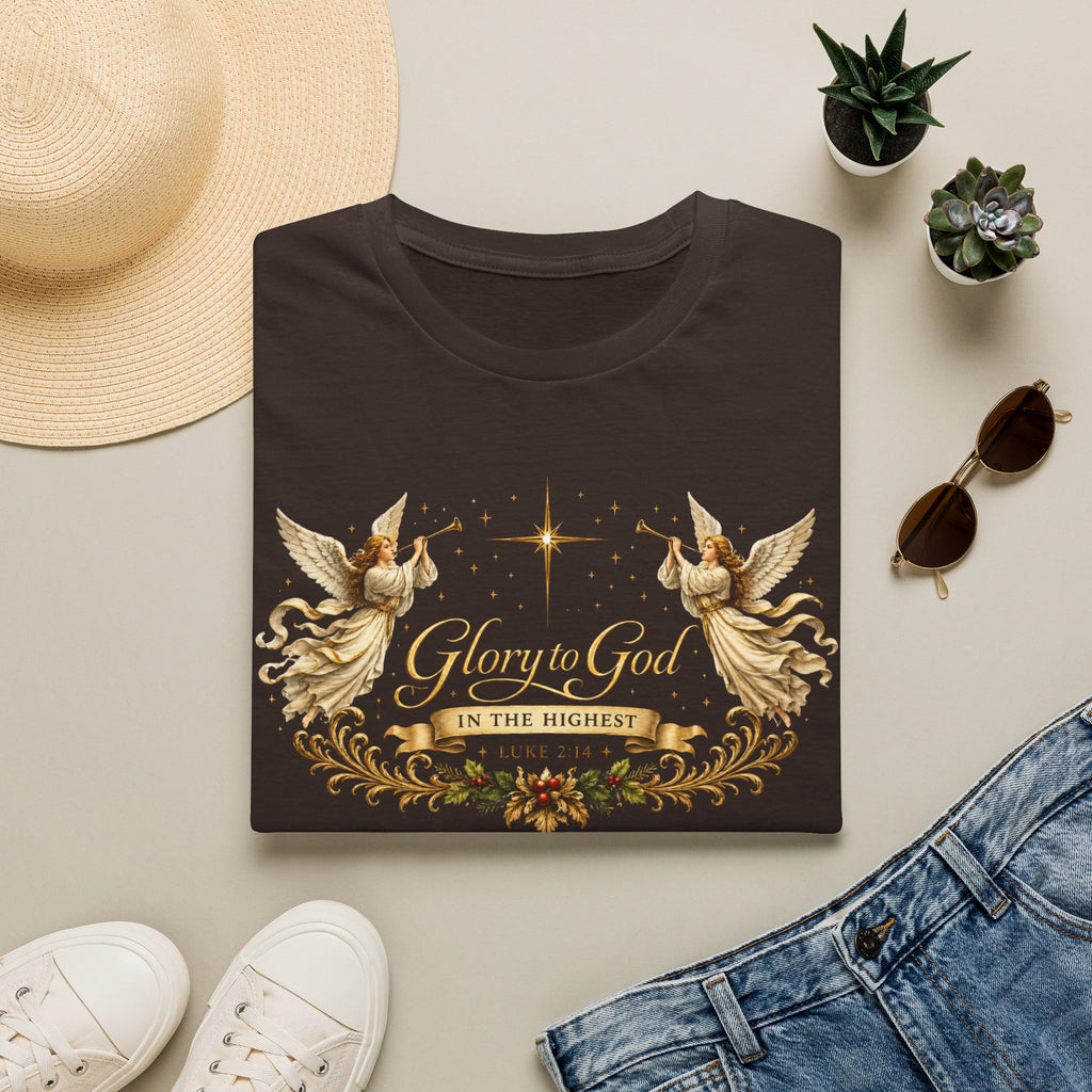 Glory to God Angel Christmas T-Shirt — "In the Highest" Nativity Holiday Tee