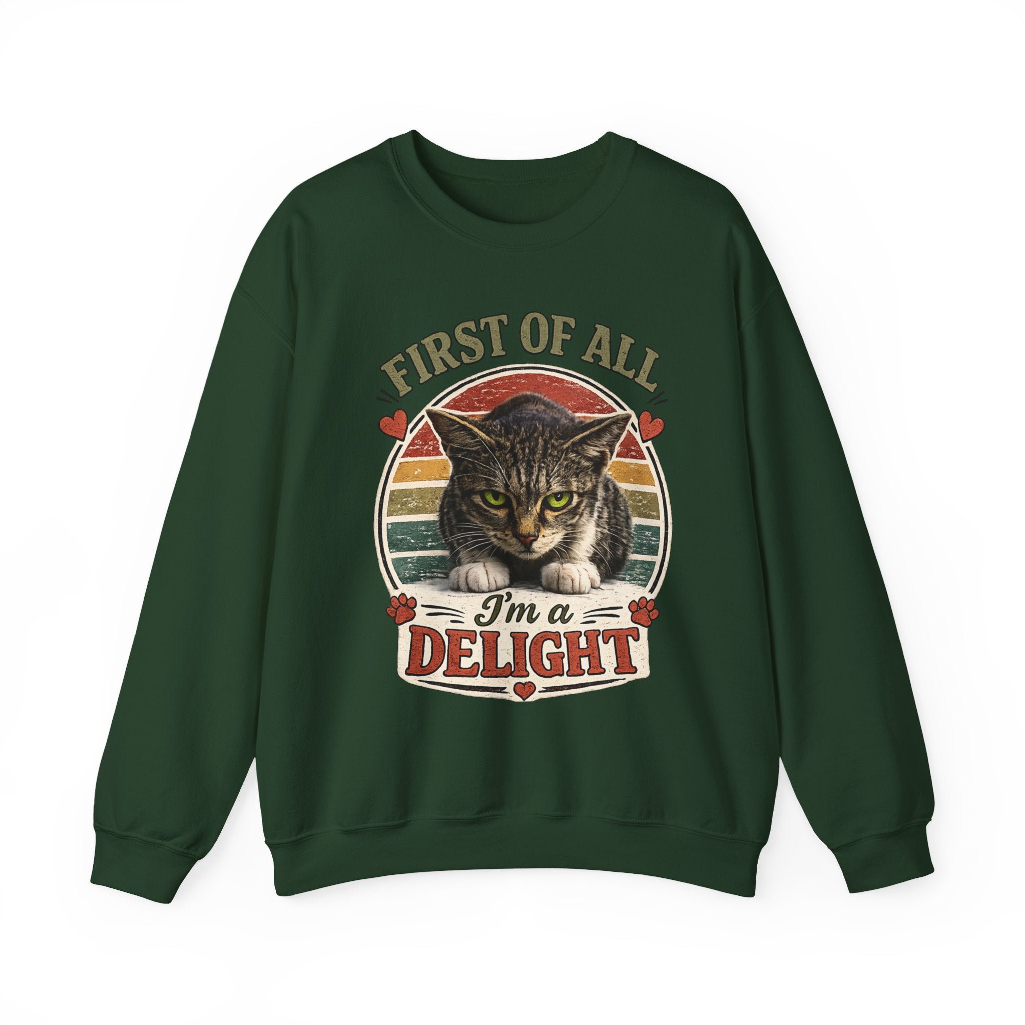 Cat Crewneck Sweatshirt — "First of All I'm a Delight" Retro Cat Pullover