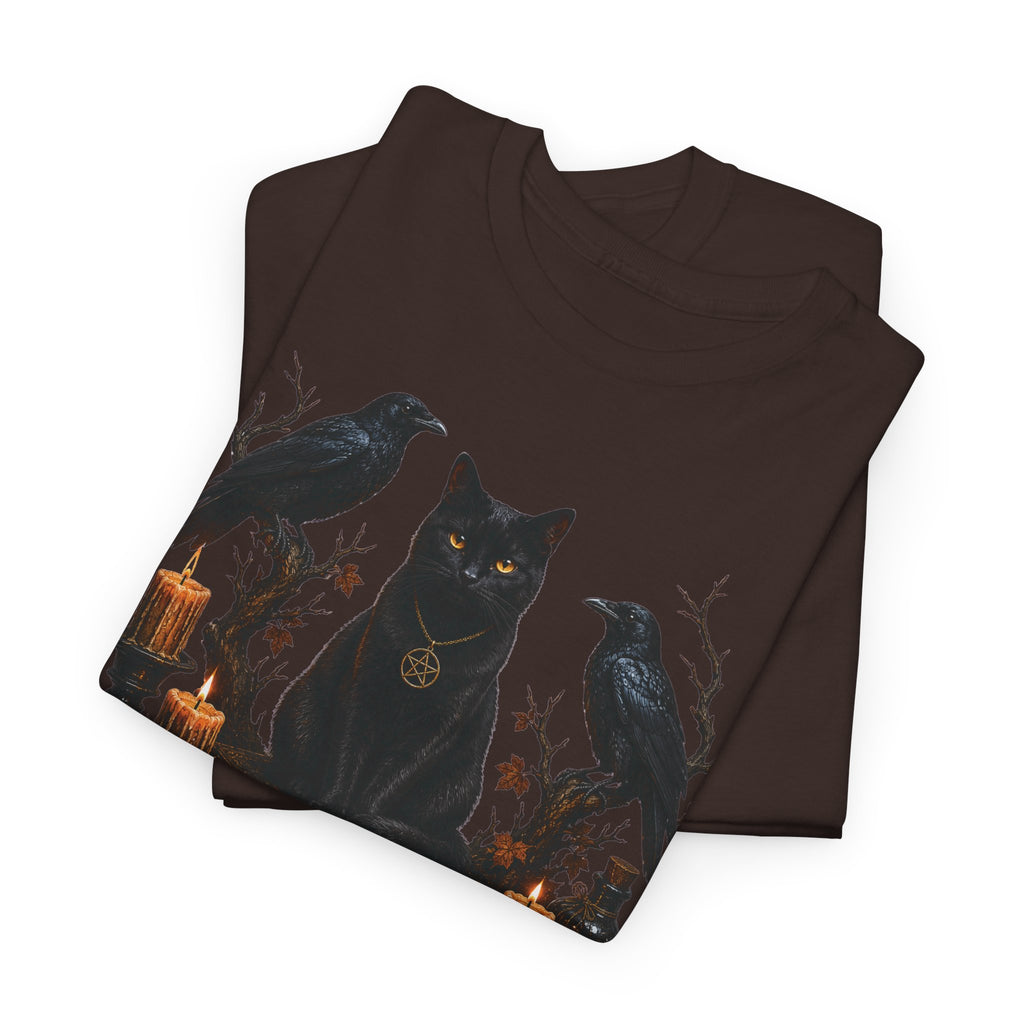 Witchy Black Cat T-Shirt — Candlelit Raven & Grimoire Gothic Tee