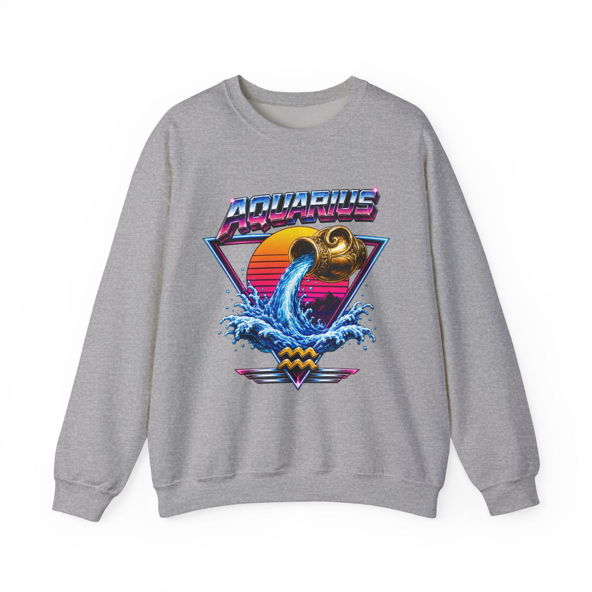 Aquarius Zodiac Crewneck Sweatshirt — Retro Neon Water-Bearer Design