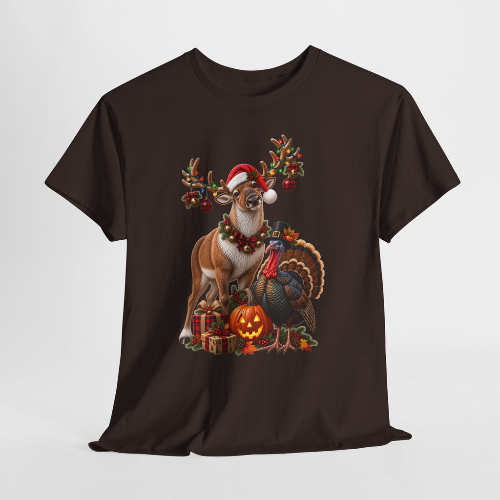 Holiday Mashup Tee — Reindeer with Turkey, Santa Hat & Jack-O’-Lantern